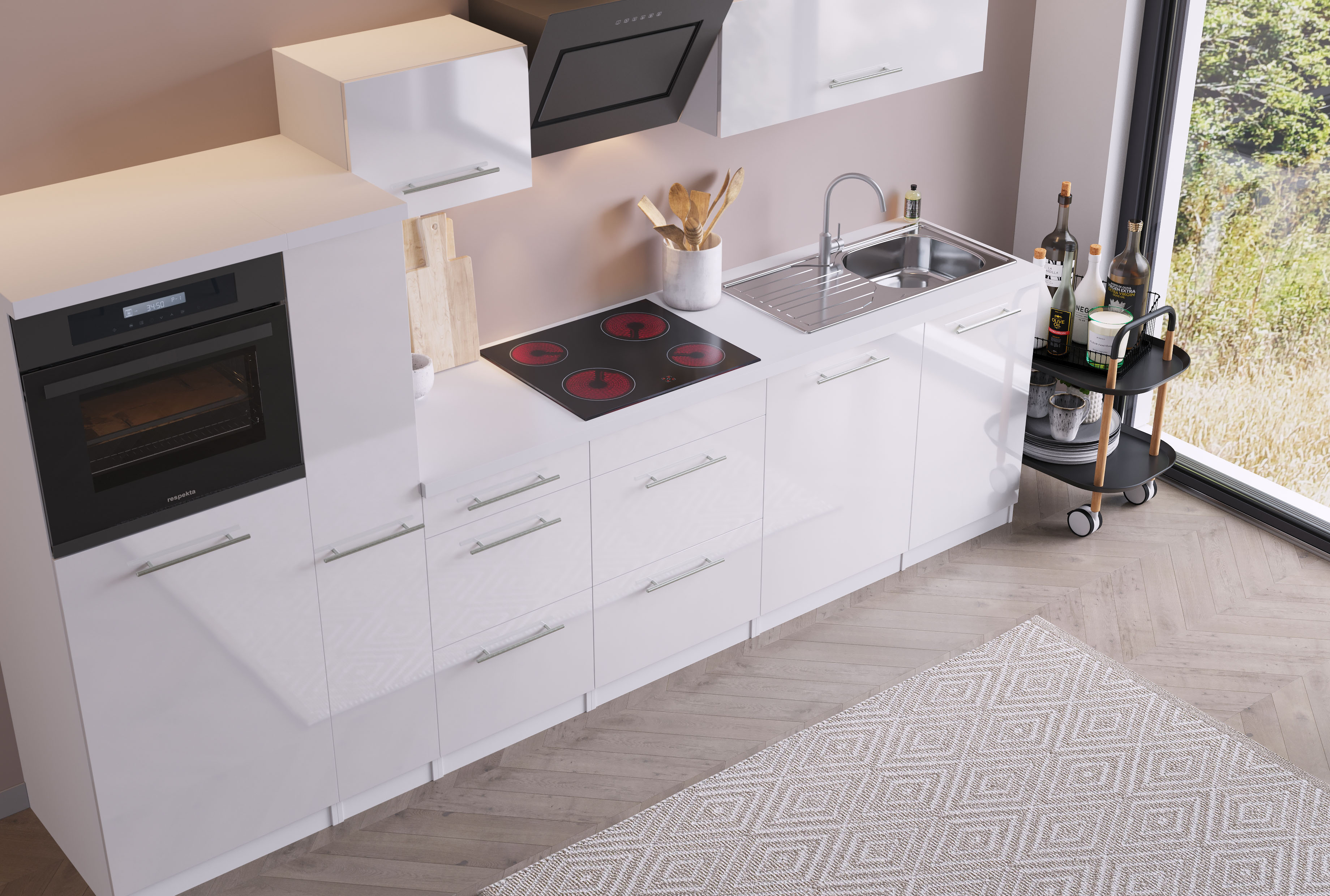 respekta Küchenzeile Küche Küchenblock Einbauküche Komplett 310cm Hochglanz  weiß