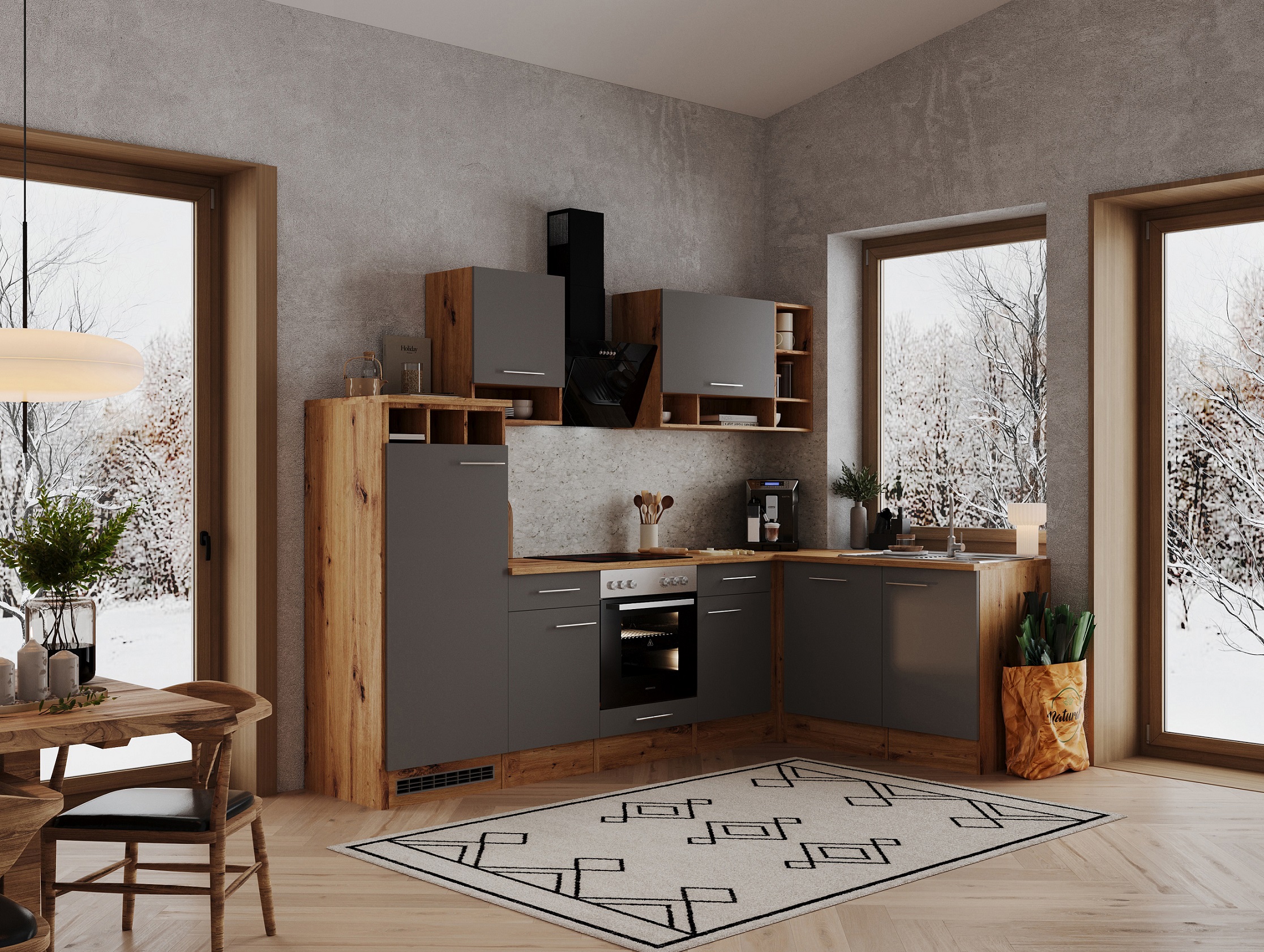 Küche Küchenzeile Küchenblock  Winkelküche Eiche Grau Hilde 280x172 cm Respekta