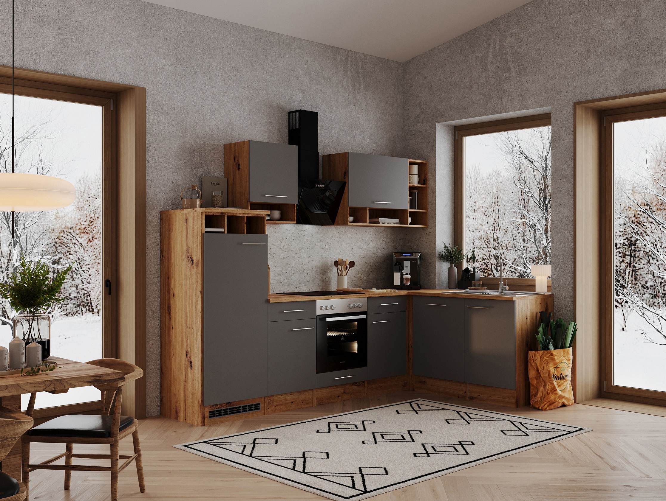 Angle kitchen kitchen unit L-shape kitchen fitted kitchen oak grey 280x172 cm respekta