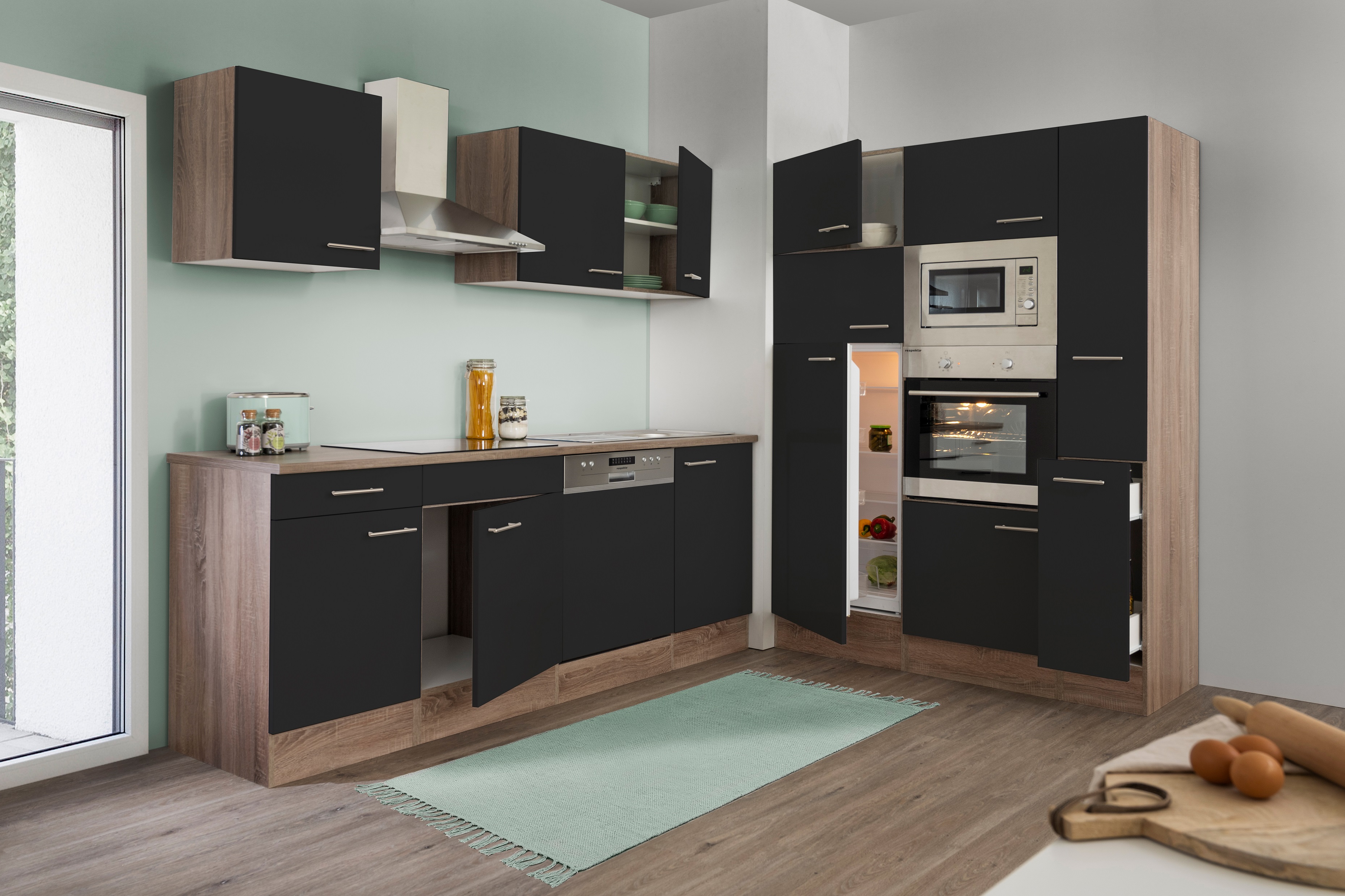 respekta cucina blocco cucina blocco cucina blocco vuoto 370 cm rovere York nero lucido