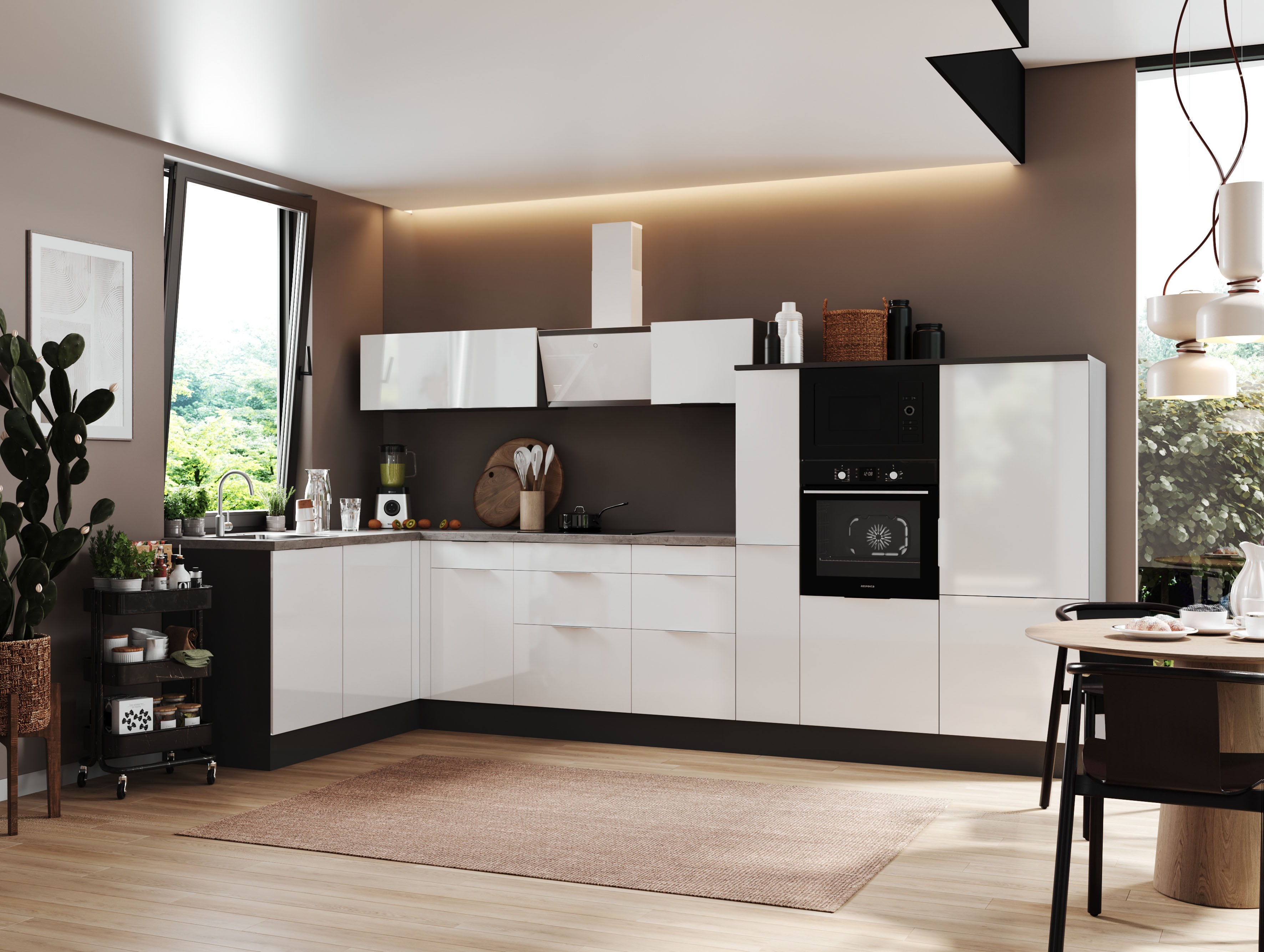 Küche vormontierte L - Küche 370 x 175 cm wechselseitig aufbaubar incl. Geräte Respekta Selection Elisabeth Weiß 