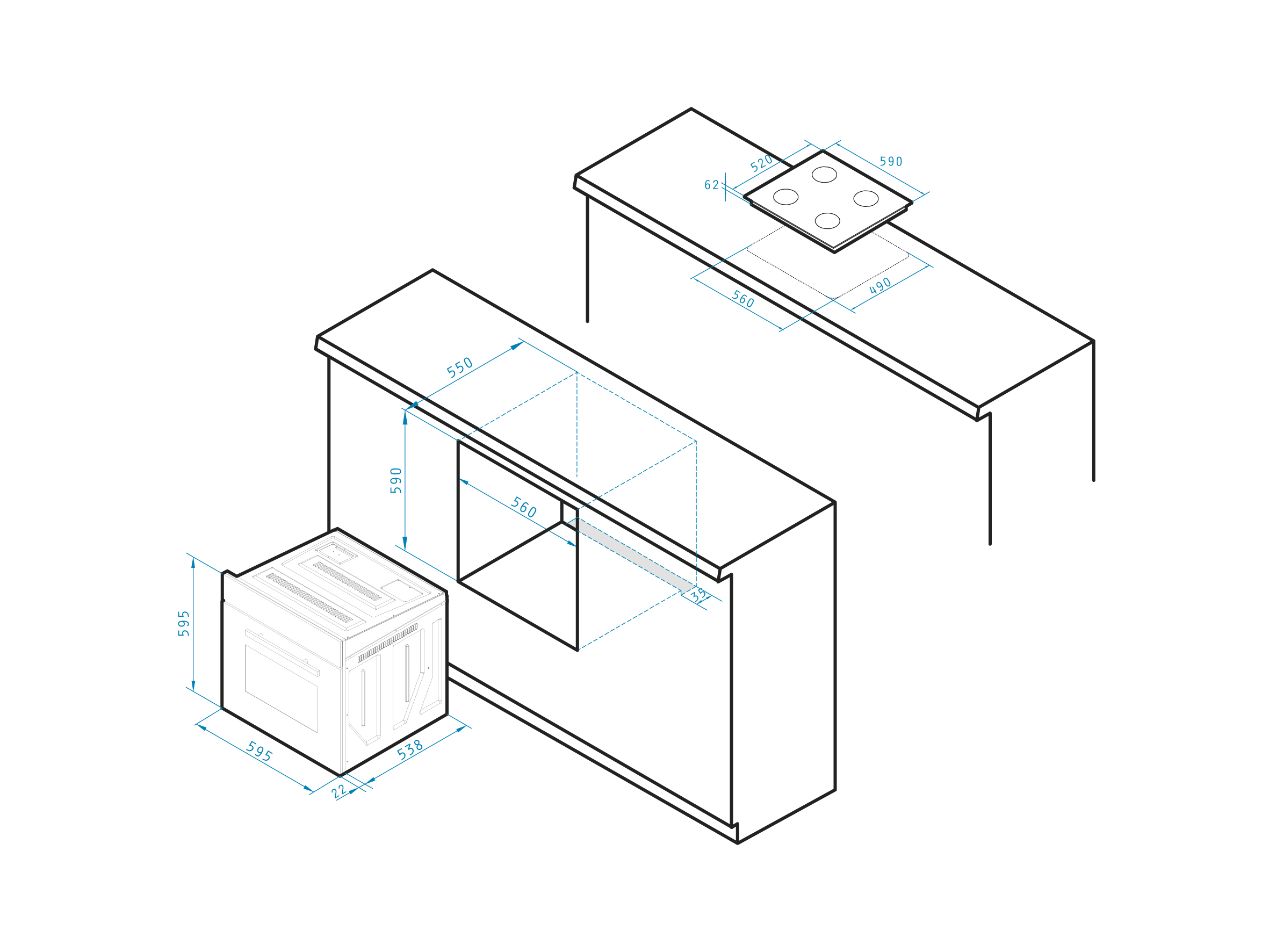 Pyramis builtin cooker stove set oven convection timer + glass ceramic hob