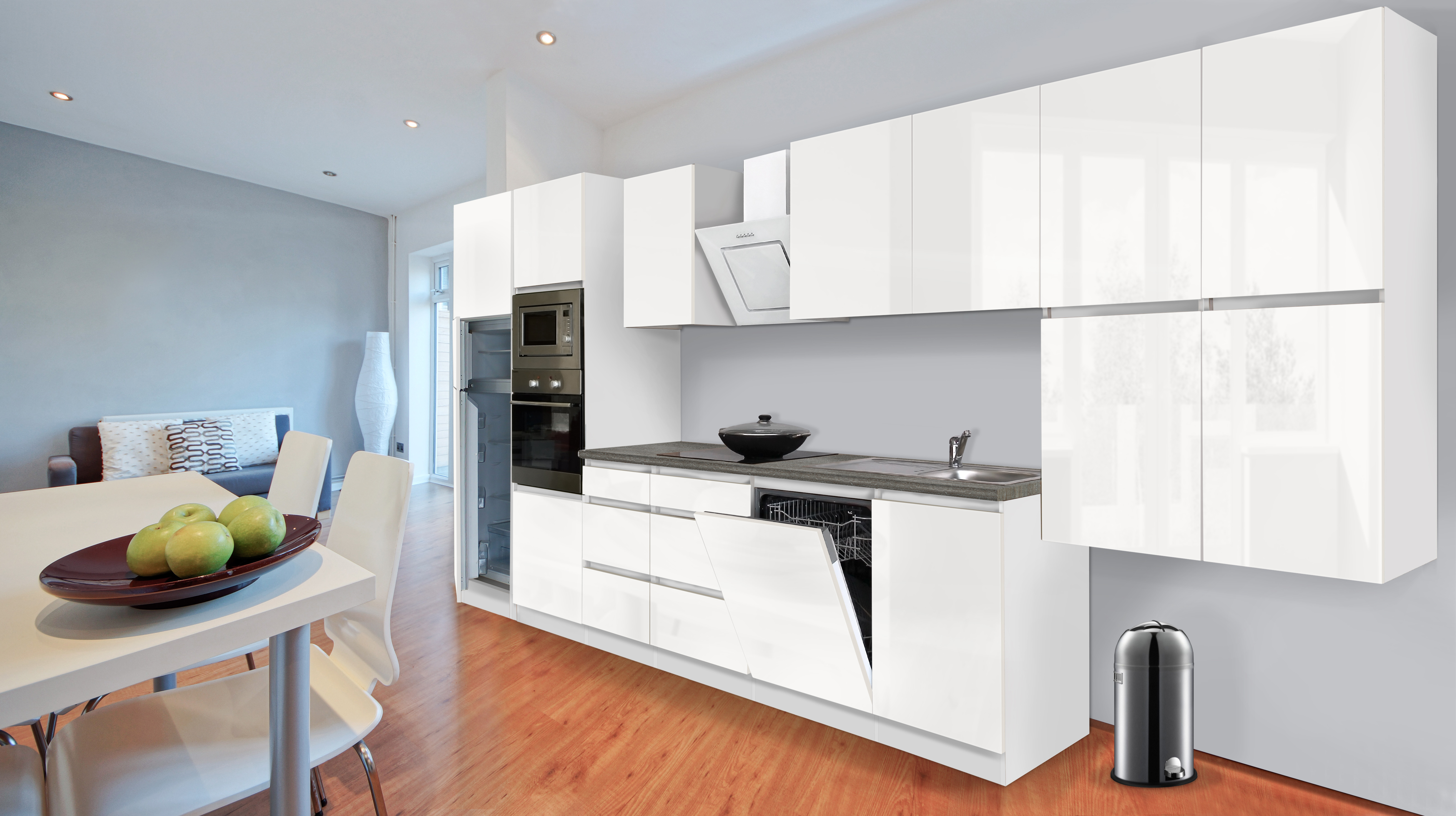 respekta Küchenzeile Küche Küchenblock grifflose Küche Einbauküche 445 cm weiß