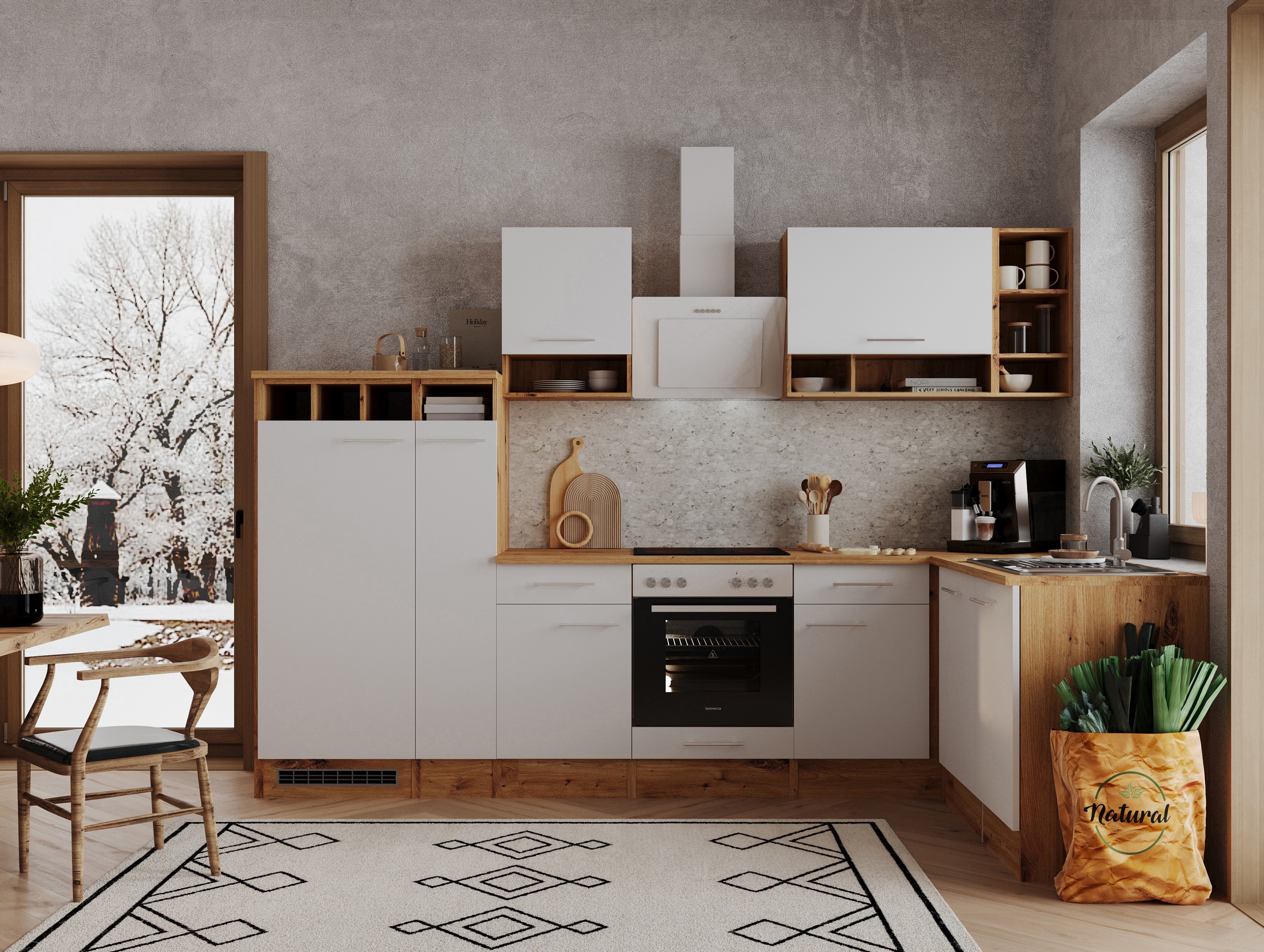 Angle kitchen kitchen unit L-shape kitchen fitted kitchen oak white 310x172 cm respekta