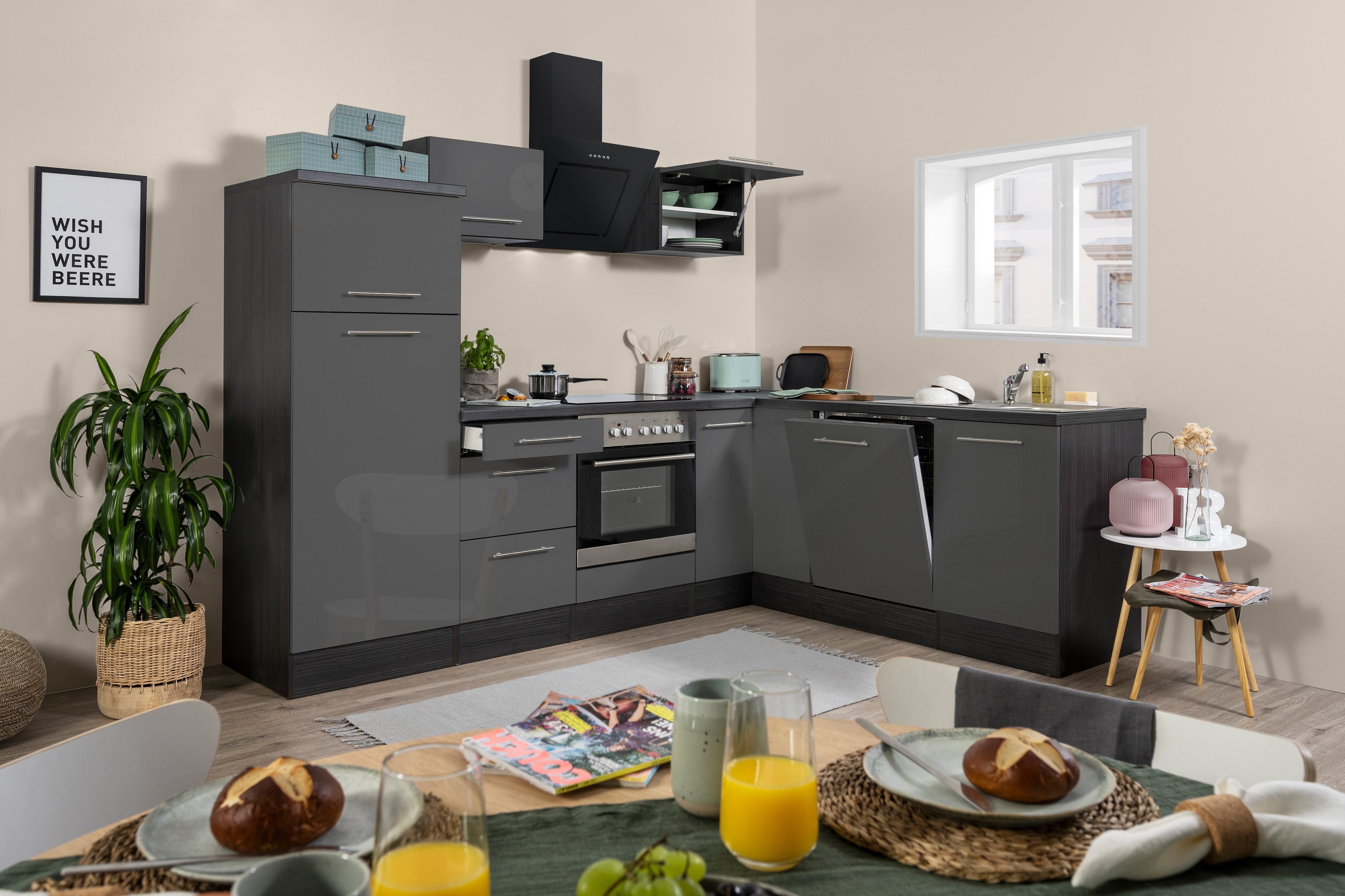 Winkelküche Küchenzeile Küche L-Form Einbauküche 260x200 cm respekta Eiche grau
