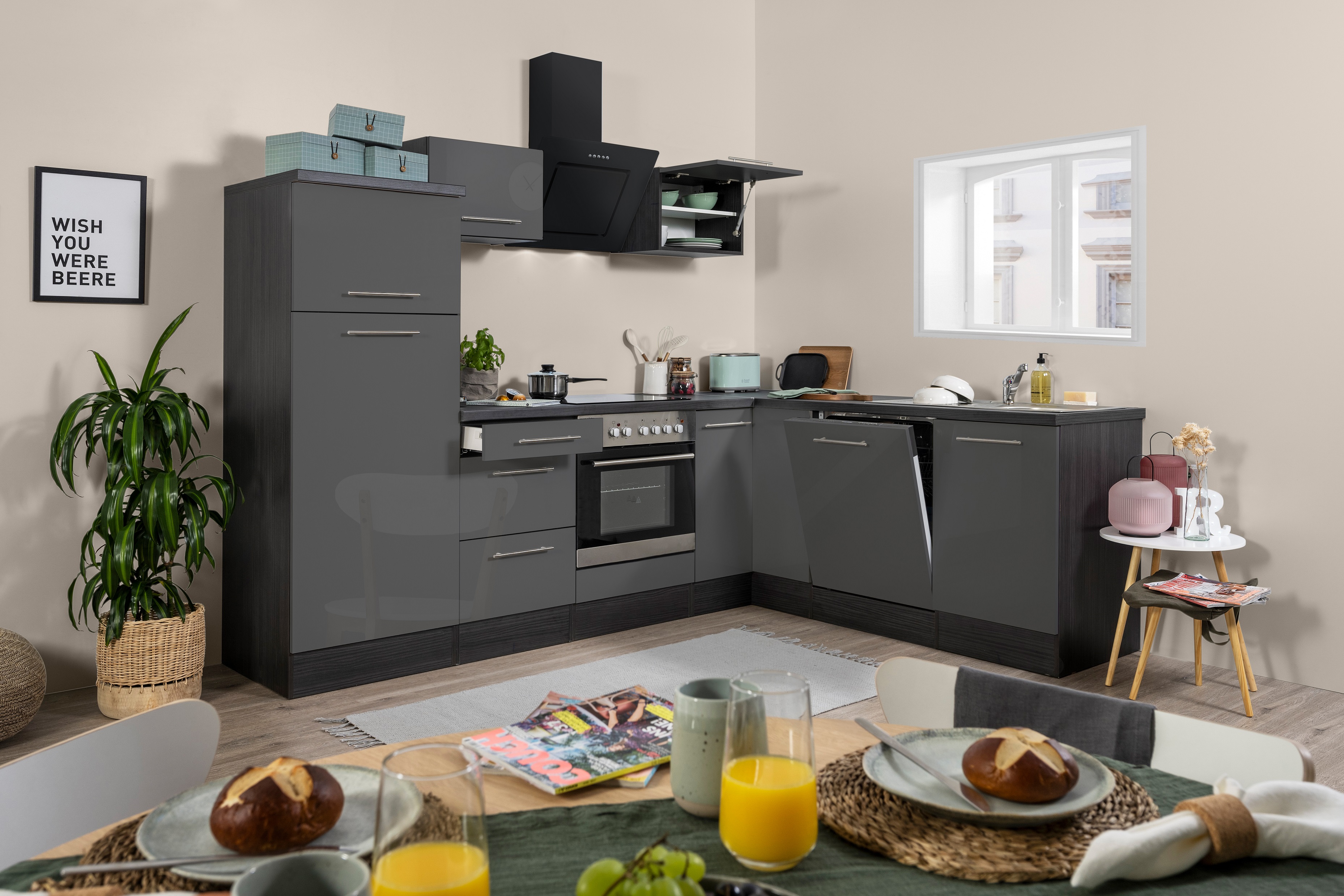 Angle kitchen kitchenette kitchen L-shape fitted kitchen 260x200 cm respekta oak grey