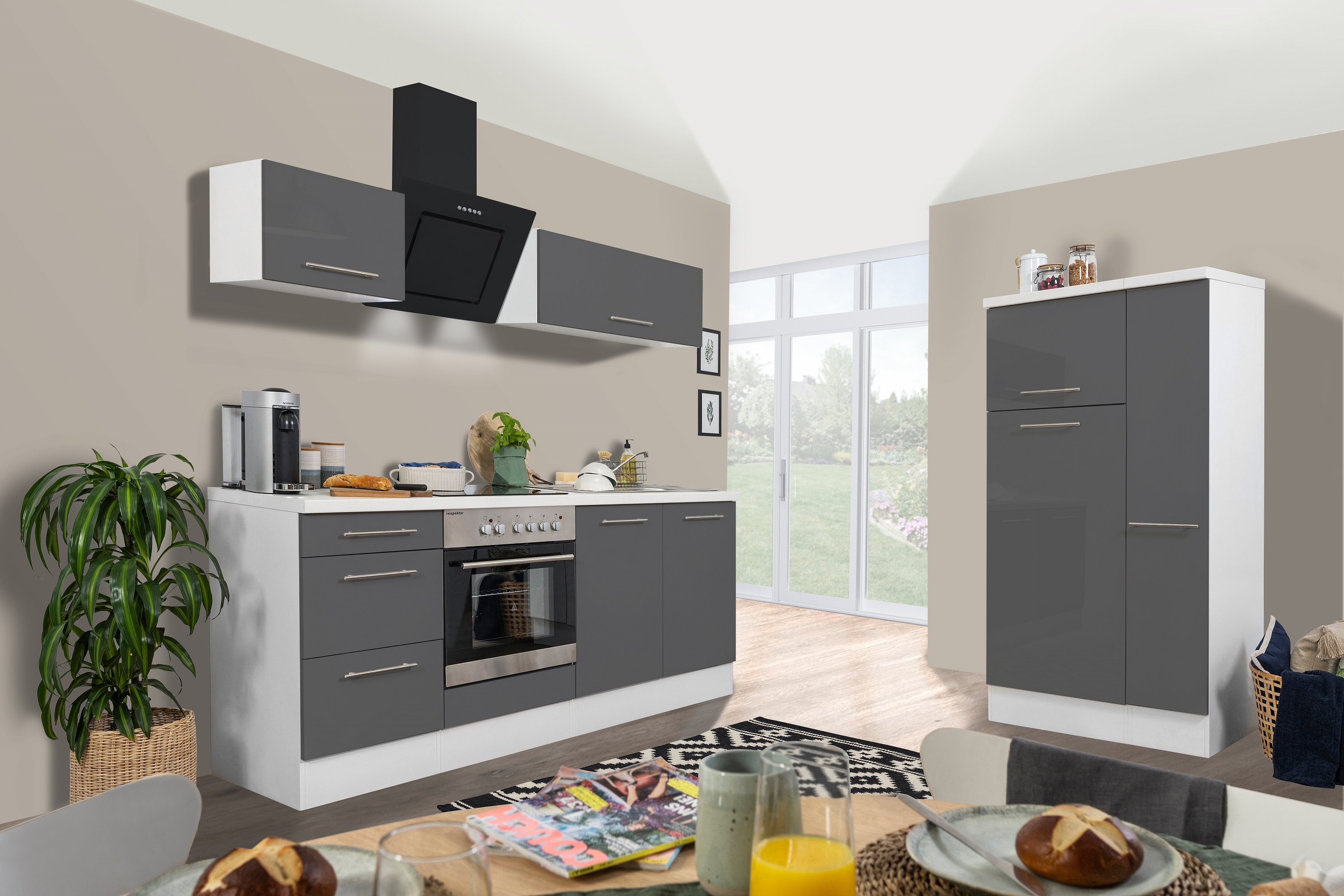 respekta Küchenzeile Küche Küchenblock Einbauküche Hochglanz 300 cm weiß grau