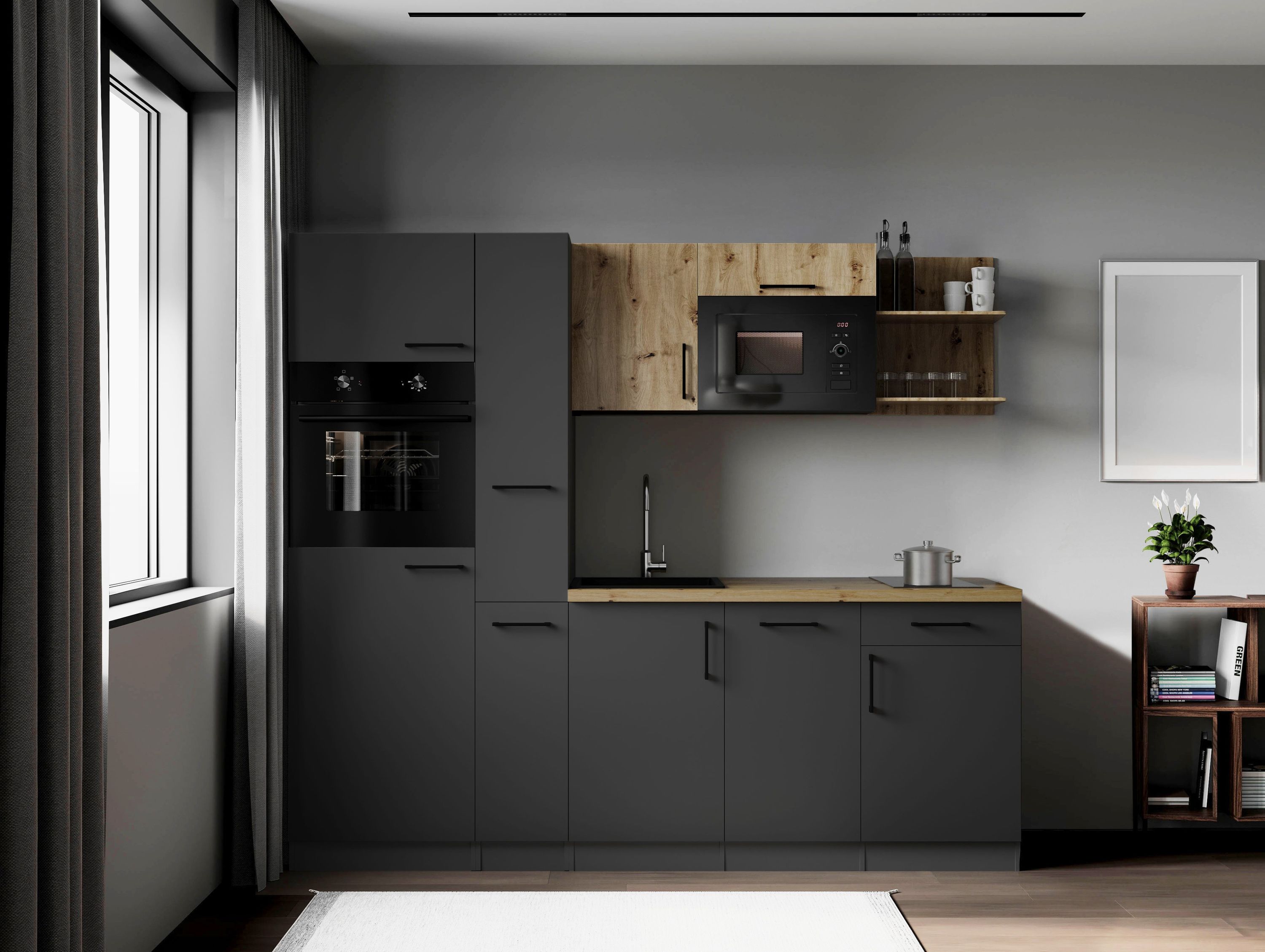 Respekta Küche Küchenzeile Oliver Singleküche 235 cm mit Fronten in – Grau Matt / Artisan Eiche Nachbildung