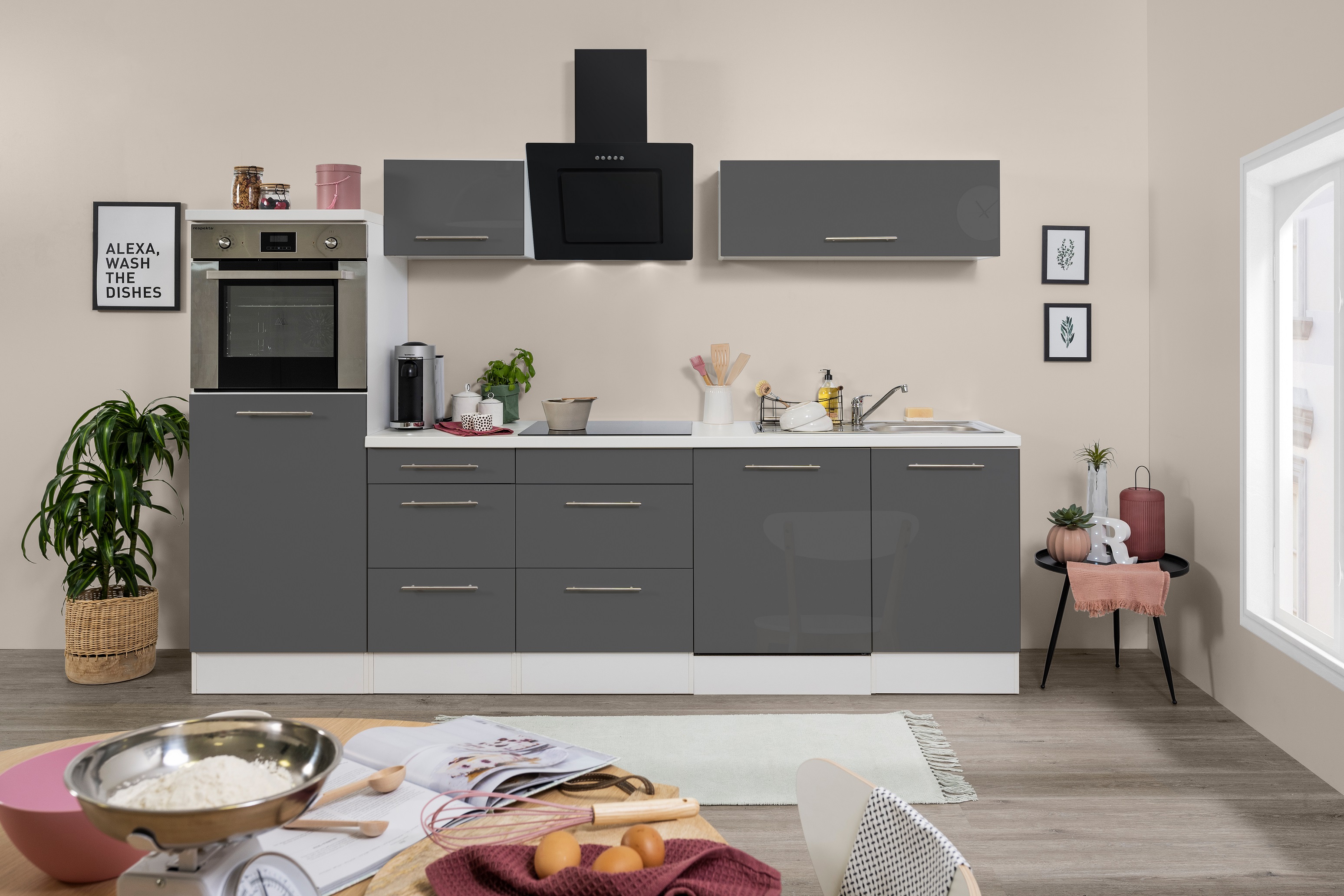 respekta blocco cucina cucina montato 280cm bianco lucido grigio