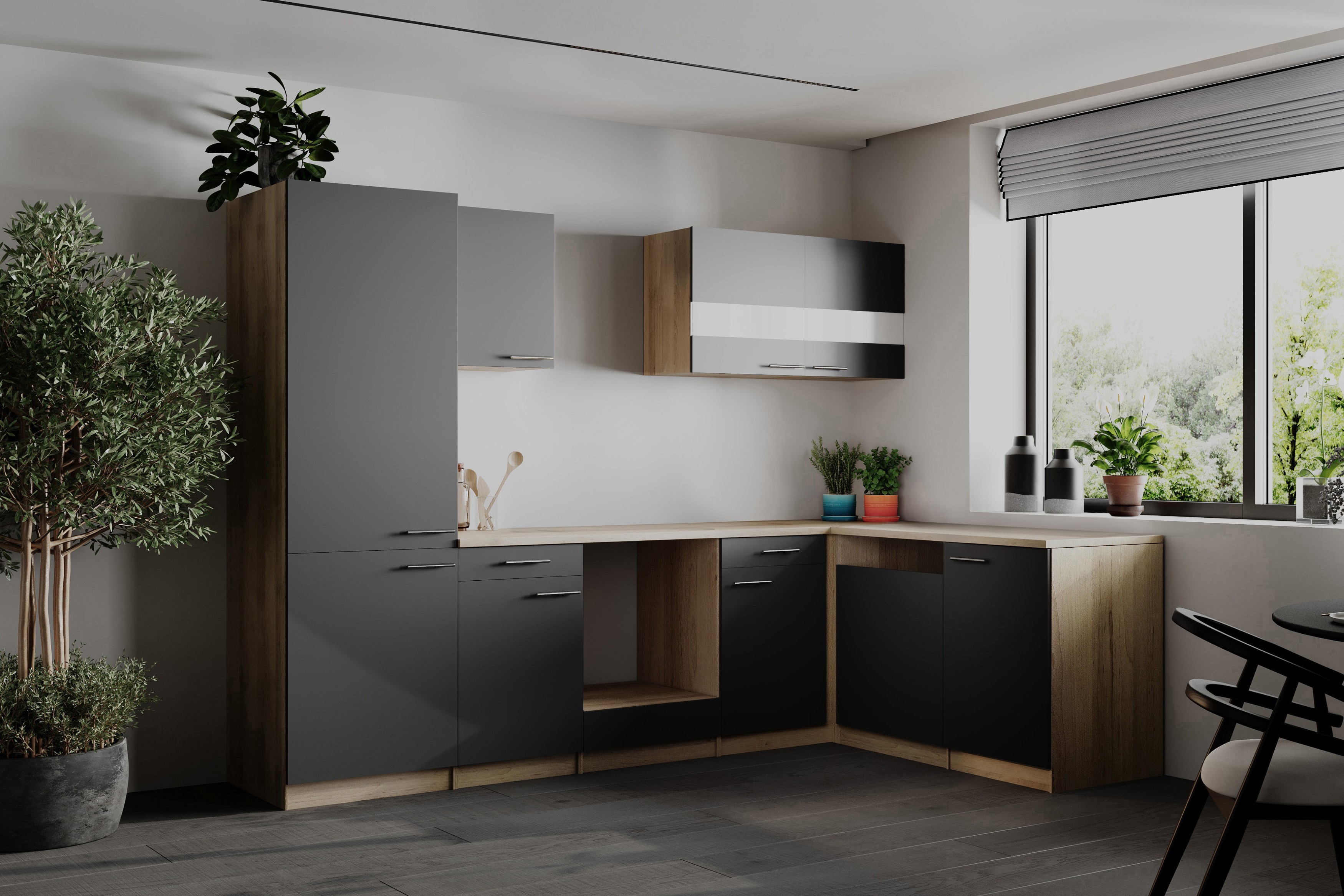 L Küche Einbau Winkelküche Leerblock Eiche Sägerau Grau Merle 280 cm Respekta