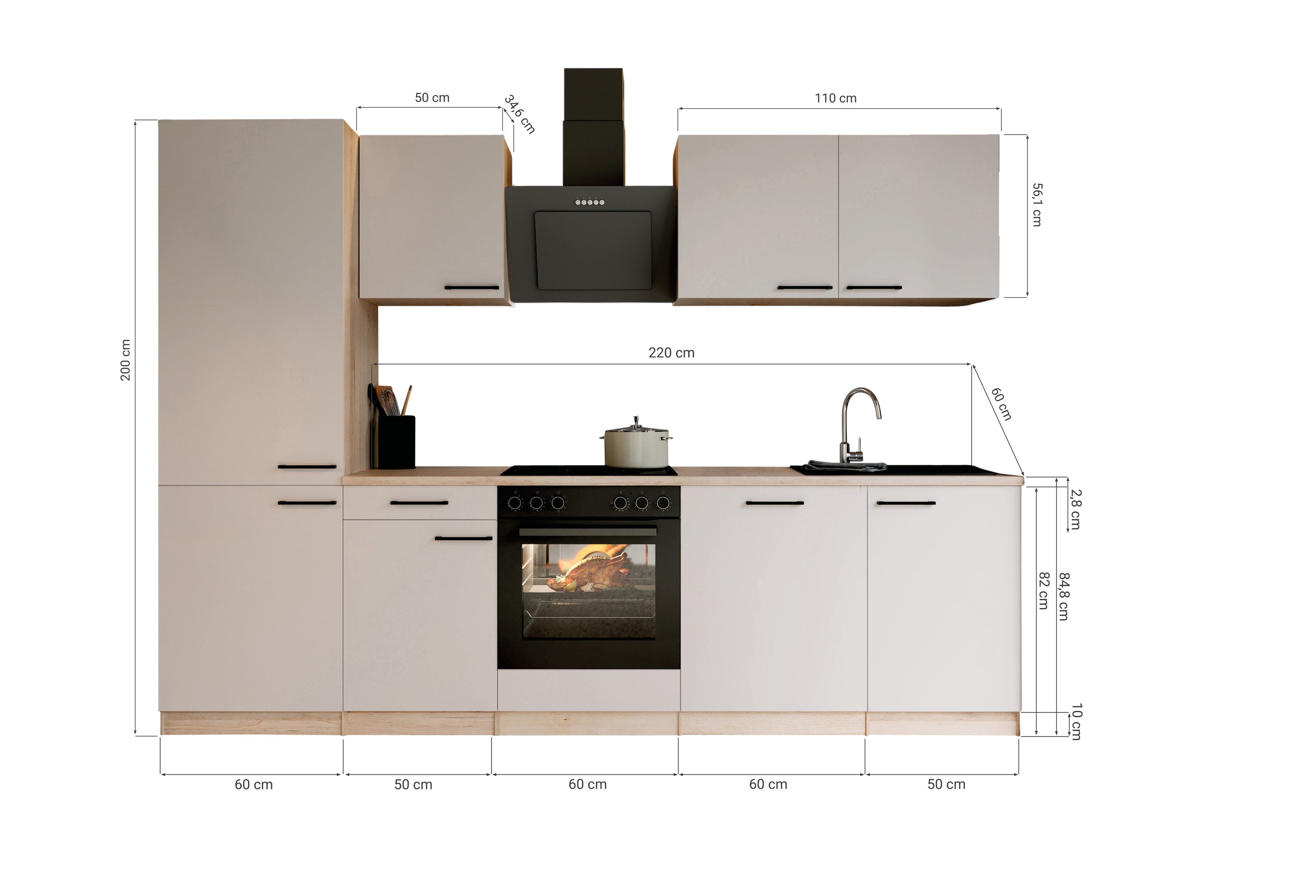 Respekta Küchenzeile Merle Küchenblock 280 cm mit Fronten in – Kaschmir / Eiche Sägerau Nachbildung