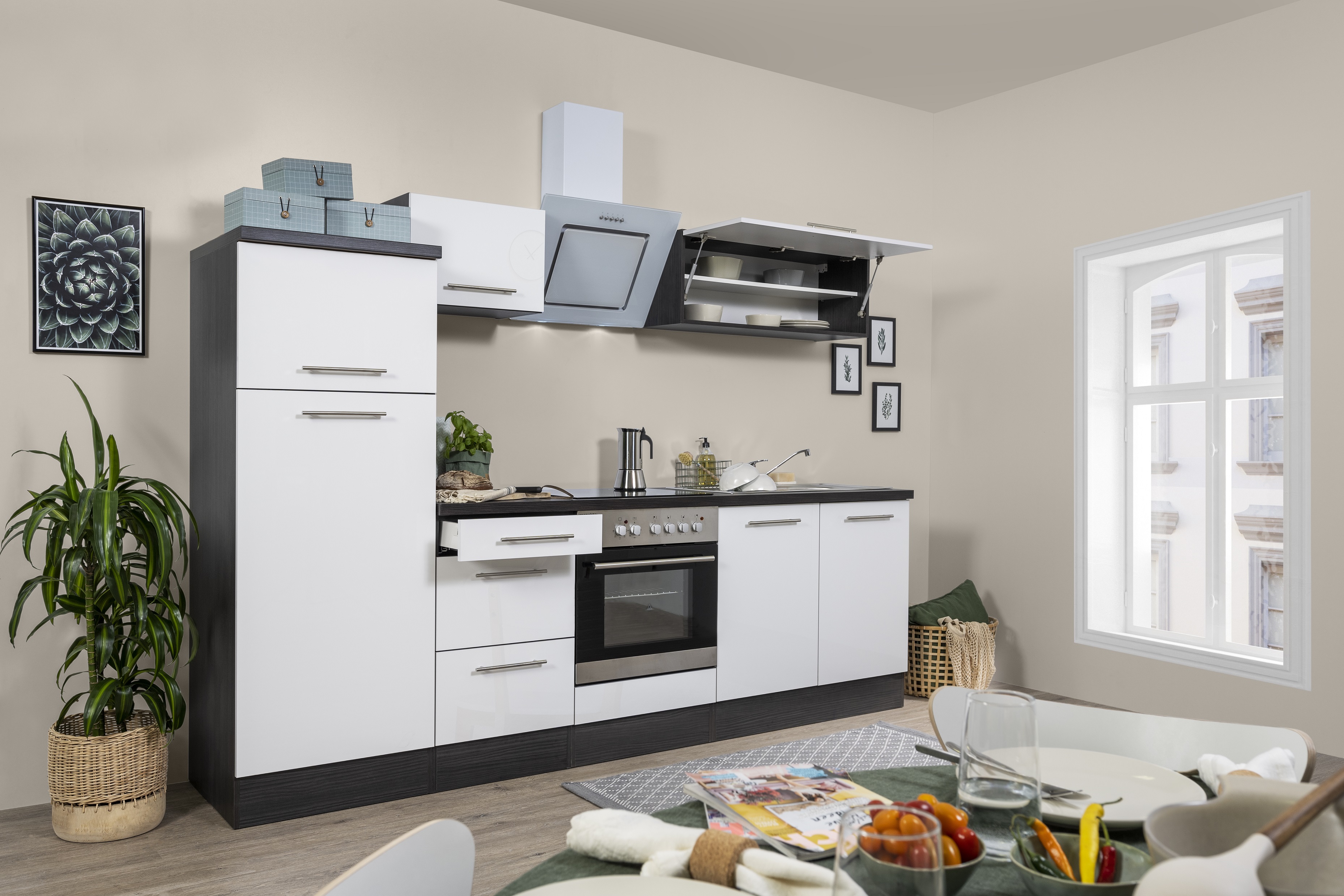 respekta Küchenzeile Küche Küchenblock Einbauküche Hochglanz 270 cm Eiche weiß