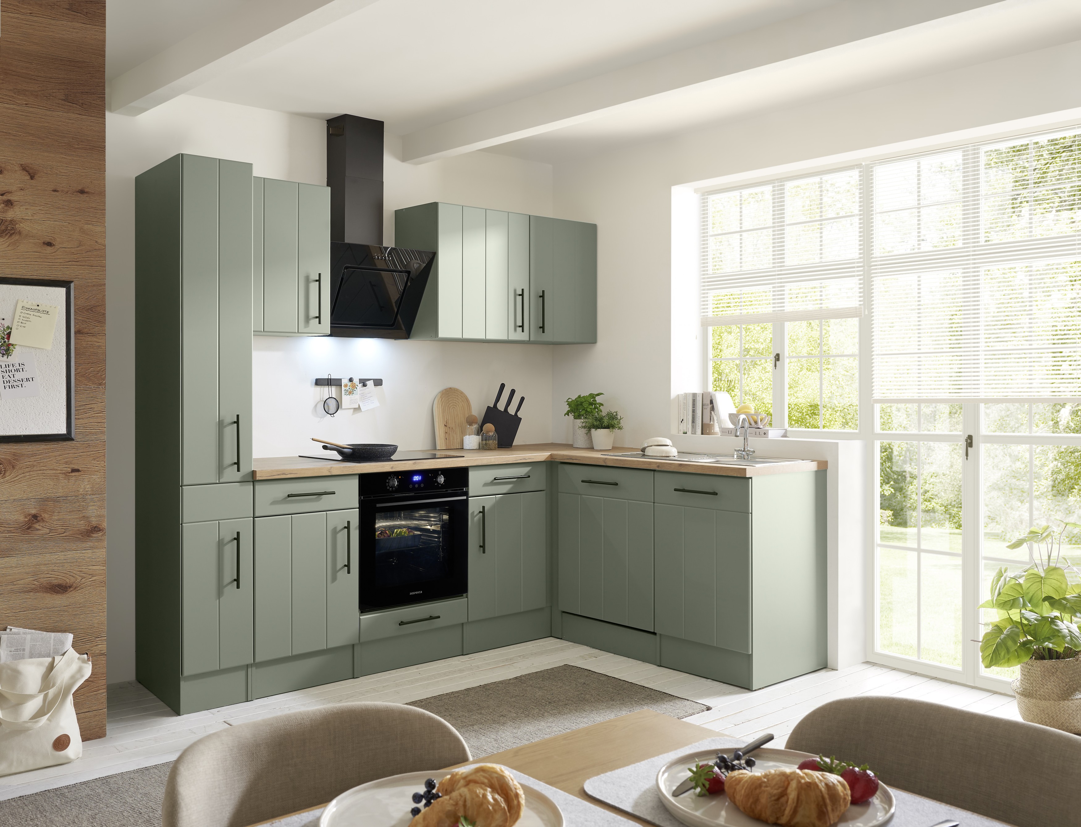 L Küche Einbauküche Winkelküche Landhaus Grün Anton 250 cm Induktion ohne Kühlschrank Respekta