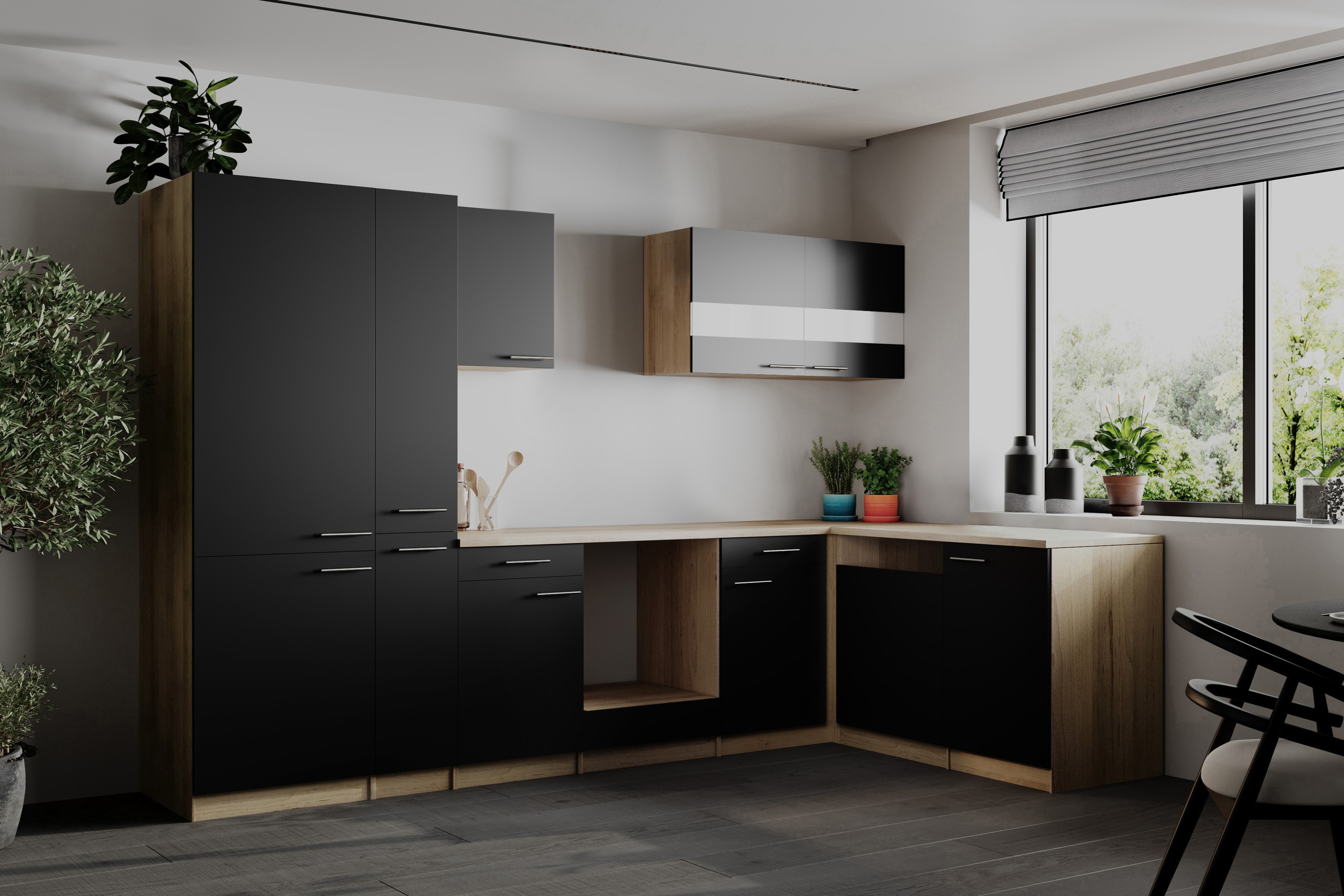 L Küche Einbau Winkelküche Leerblock Eiche Sägerau Schwarz Merle 310 cm Respekta