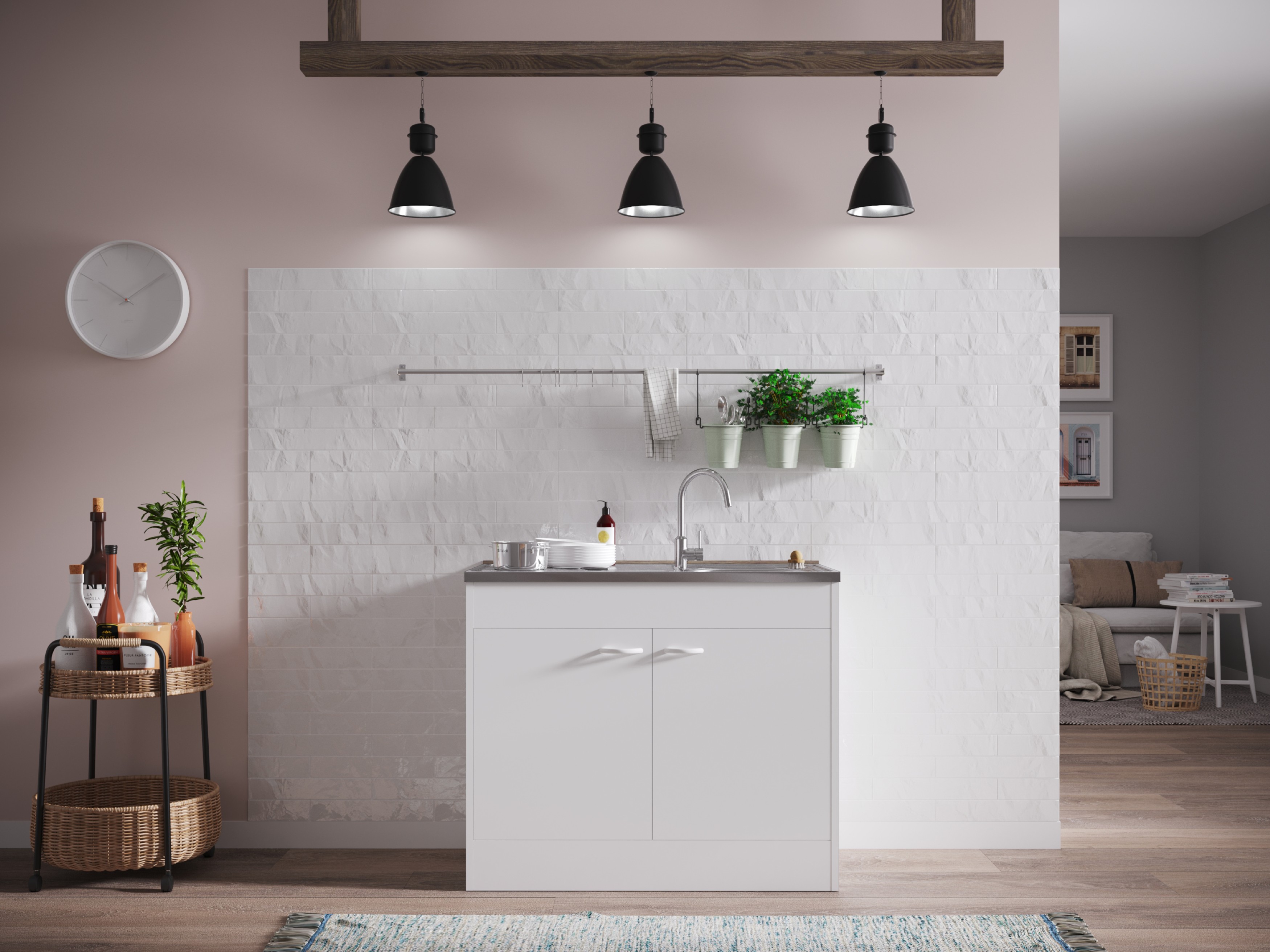 Komplettspüle Spüle Unterschrank mit Drehtüren 100 x 50 cm Weiß Respekta