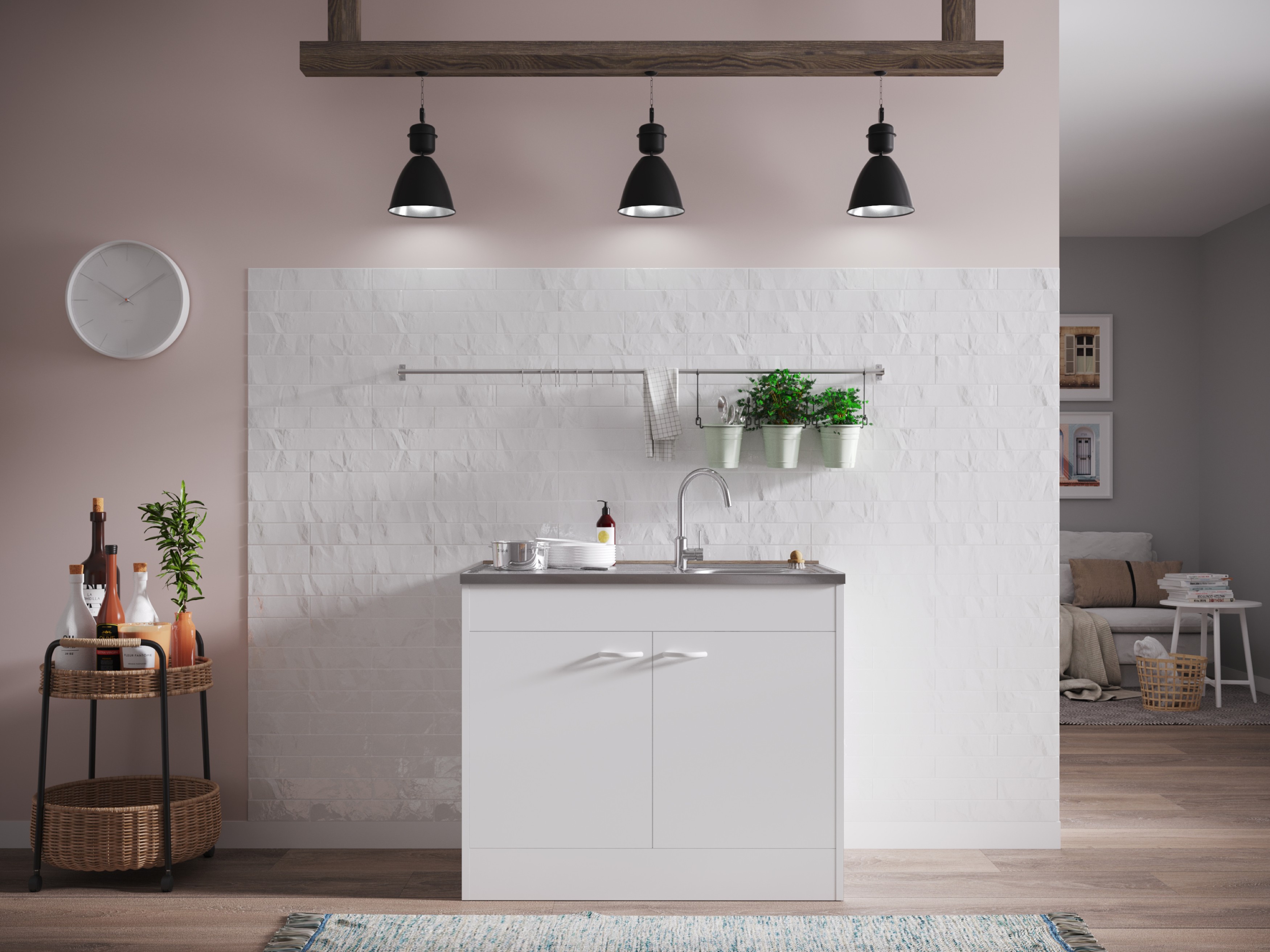 Komplettspüle Spüle Unterschrank mit Drehtüren 100 x 60 cm Weiß Respekta