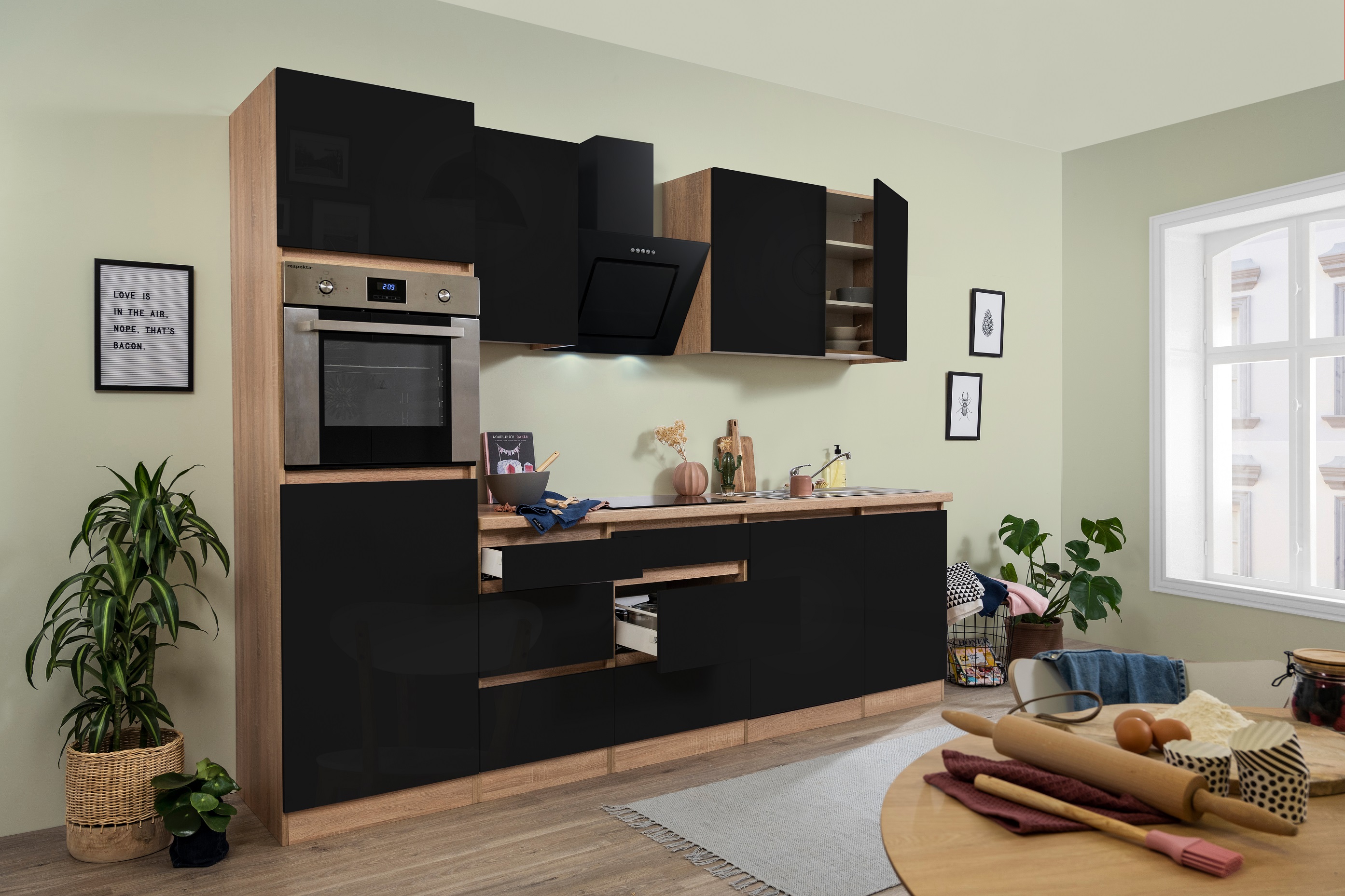 respekta Kitchenette bloc cuisine sans poignée 280 cm Chêne Sonoma noir