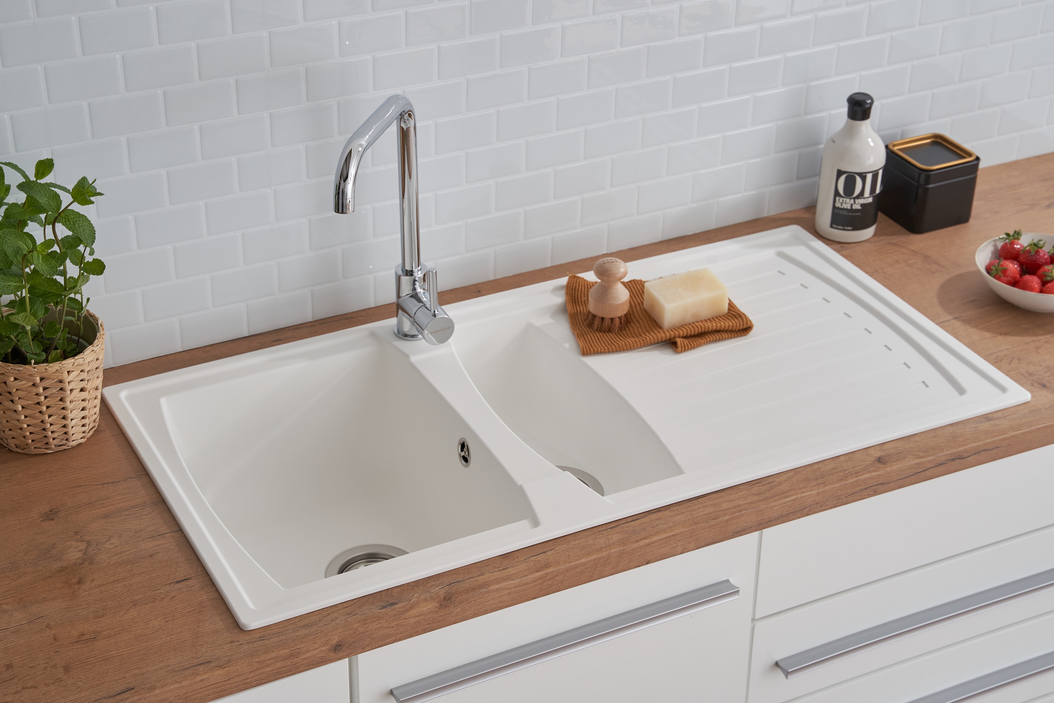 Verpackungsschaden Küchenspüle Einbauspüle Spüle Granit Mineralite 100 x 50 Weiß Respekta Boston