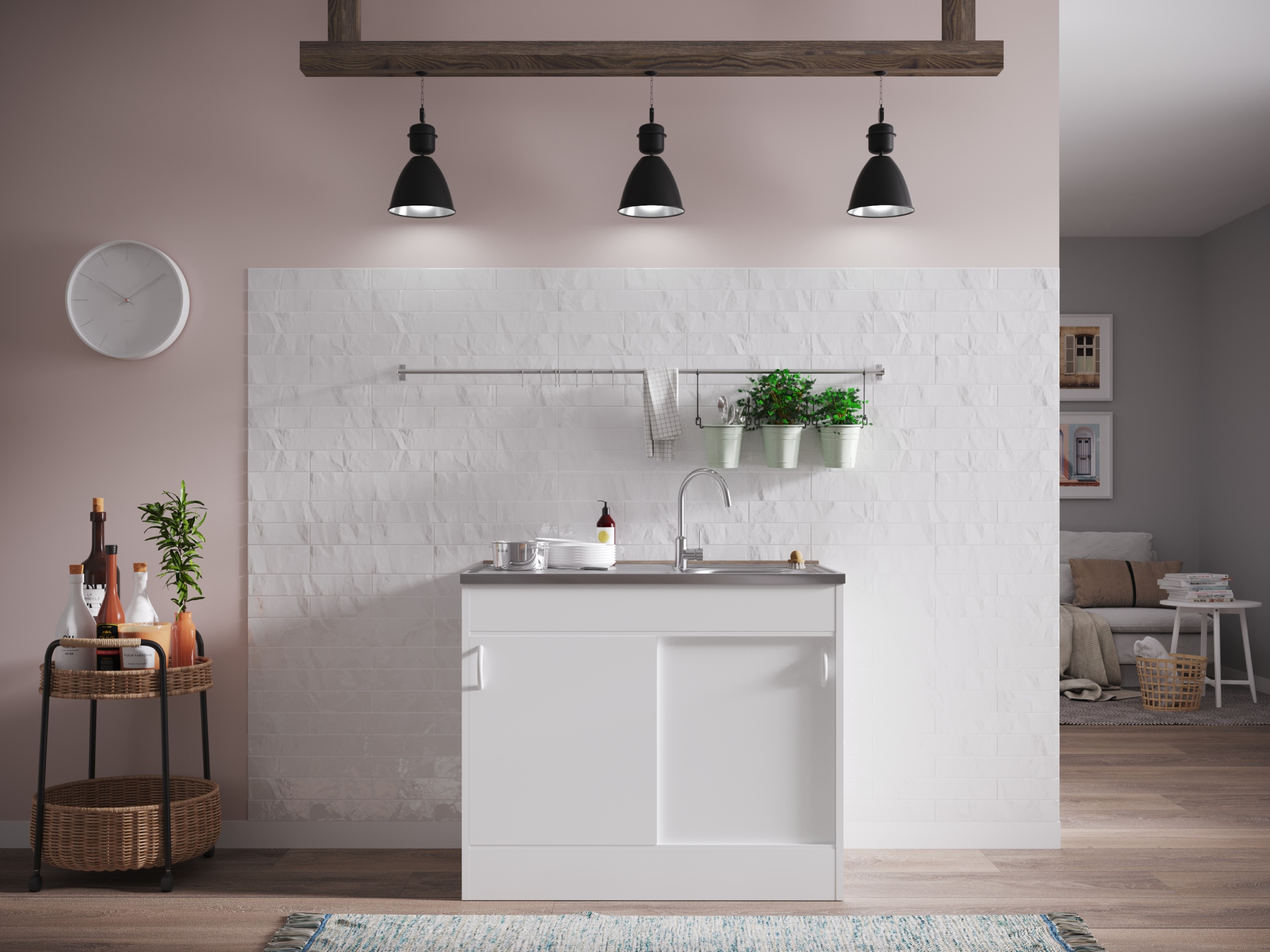 Komplettspüle Spüle Unterschrank mit Schiebetüren 100 x 60 cm Weiß Respekta