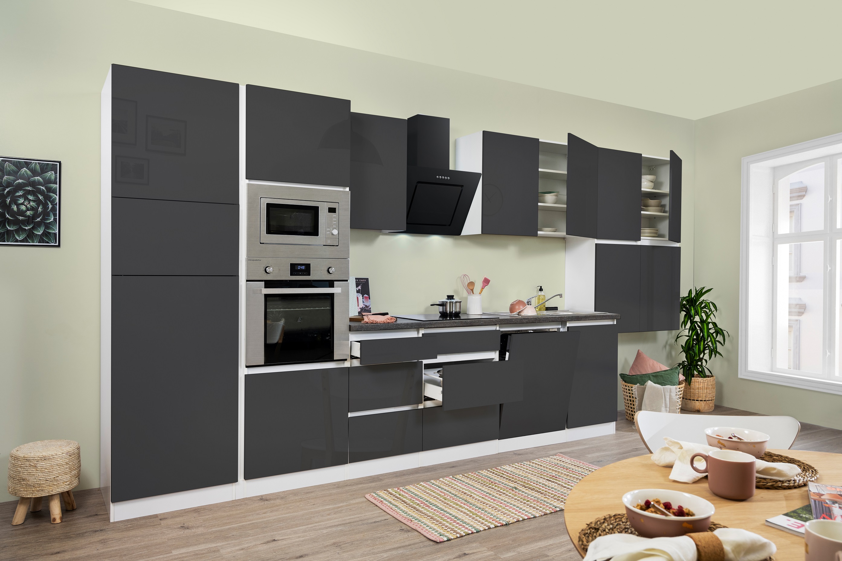 respekta Küchenzeile Küche Küchenblock grifflose Einbauküche 445 cm weiß grau