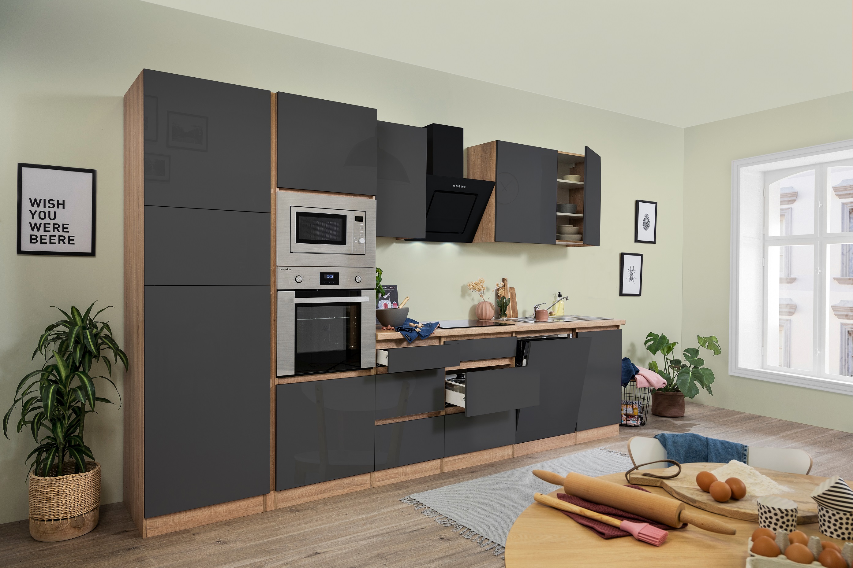 respekta Kitchenette bloc de cuisine sans poignées Cuisine intégrée 345 cm Chêne Sonoma gris