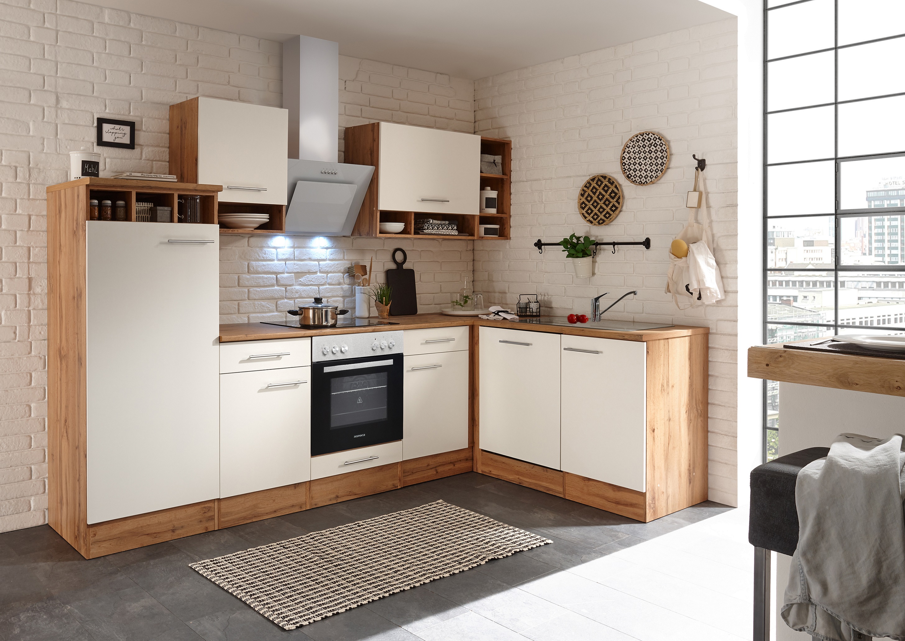 Küche Küchenzeile Küchenblock  Winkelküche Eiche Weiß Hilde 280x172 cm Respekta