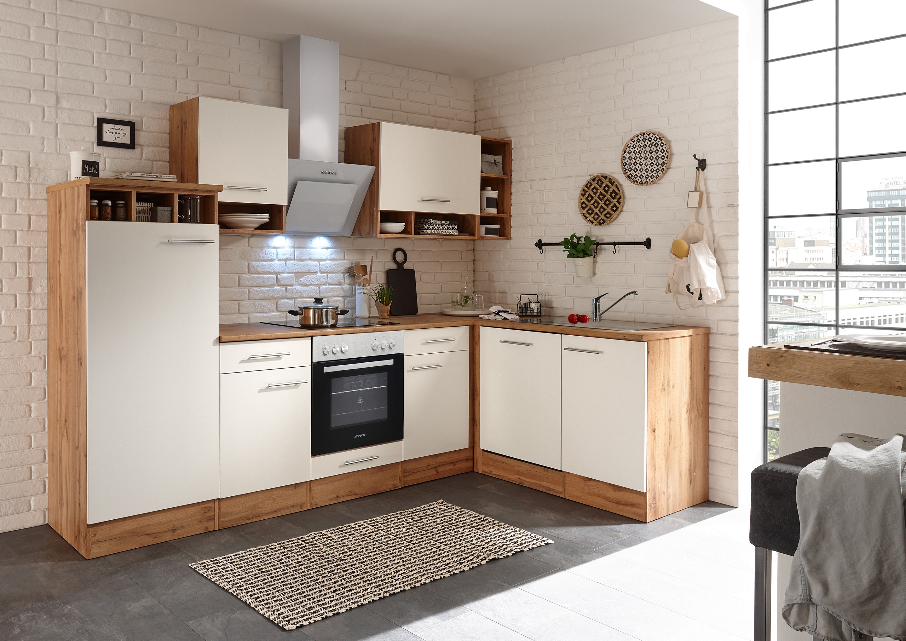 Angle kitchen kitchen unit L-shape kitchen fitted kitchen oak white 280x172 cm respekta