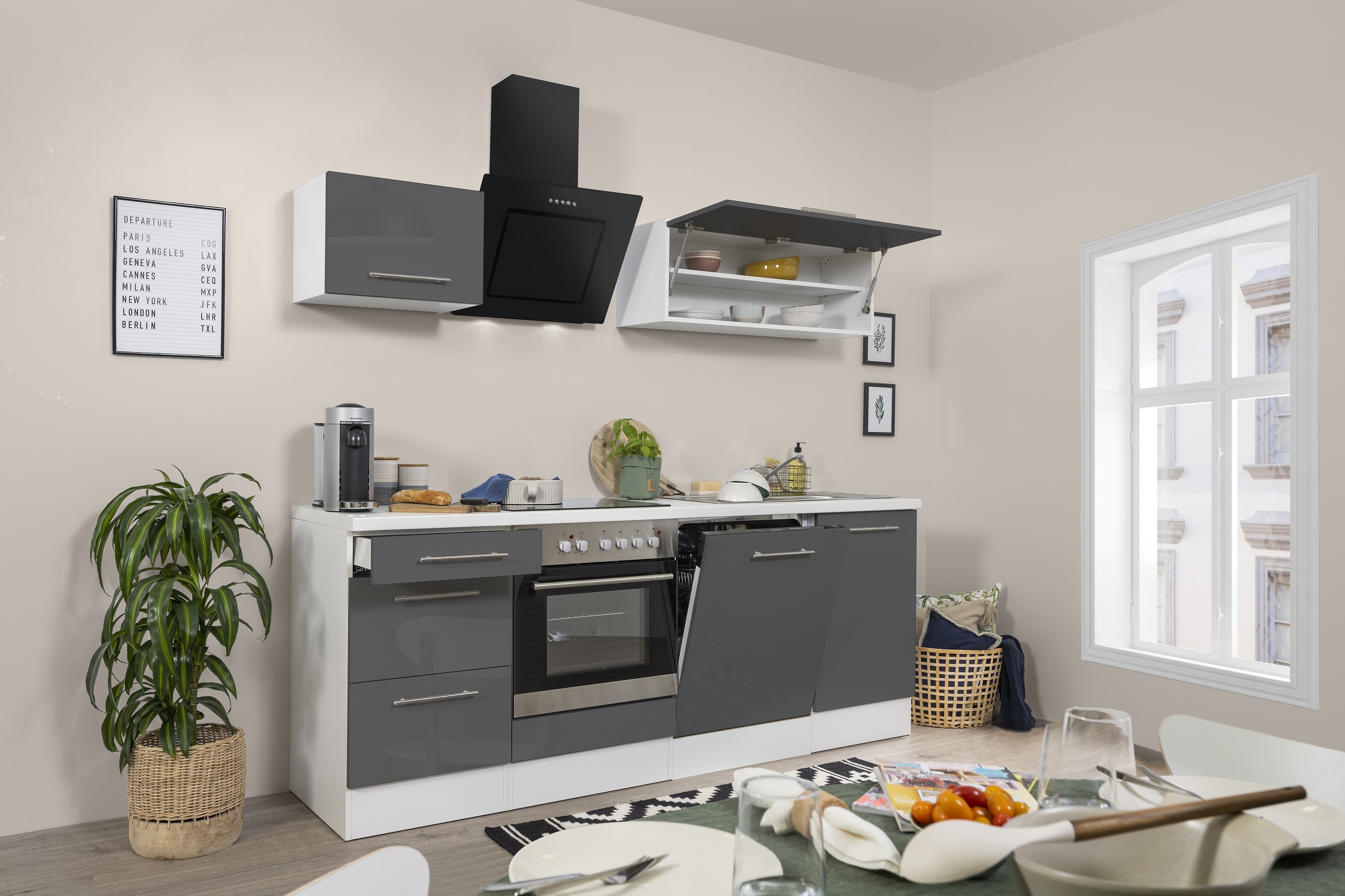 respekta Küchenzeile Küche Einbauküche Küchenblock Hochglanz 220 cm weiß grau