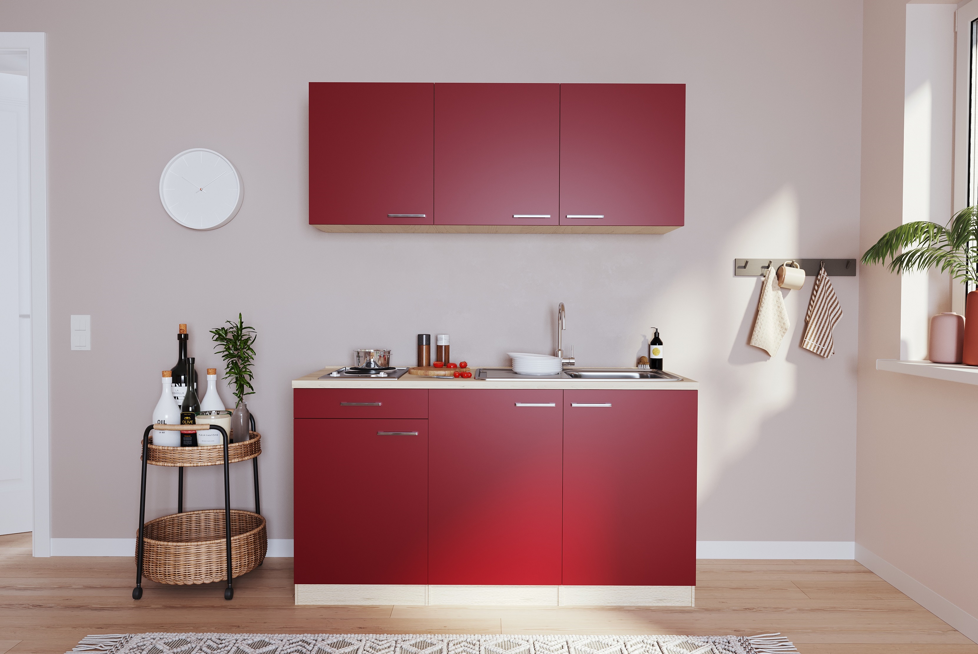 Küche Miniküche Single Eiche  Rot ohne Kühlschrank  Luis 150 cm Respekta