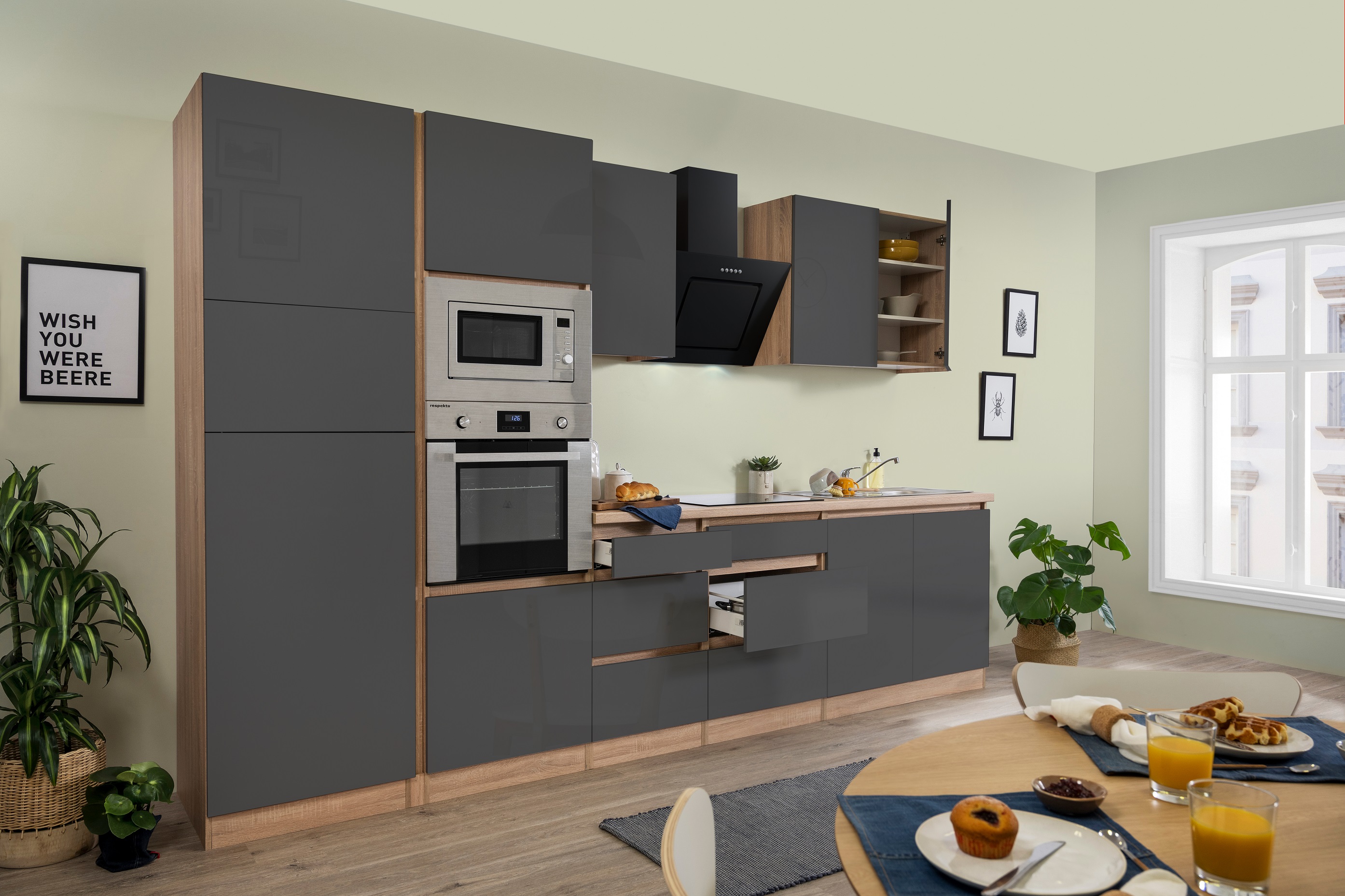 respekta Küche Küchenzeile Küchenblock grifflose Küche 335 cm Eiche Sonoma grau
