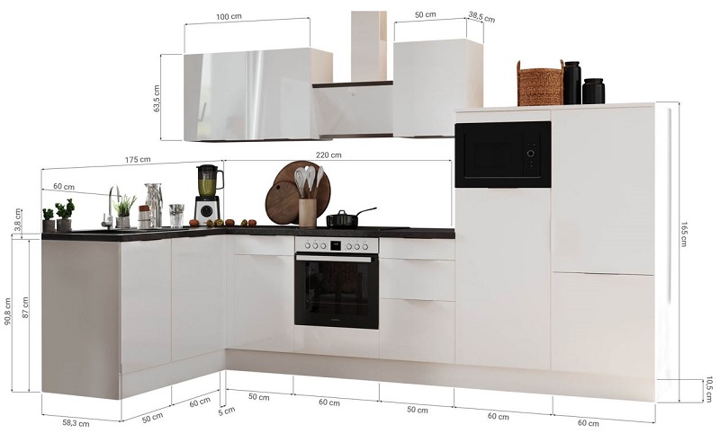 Küche vormontierte L - Küche 340 x 175 cm wechselseitig aufbaubar incl. Geräte Respekta Selection Elisabeth Grau  Weiß