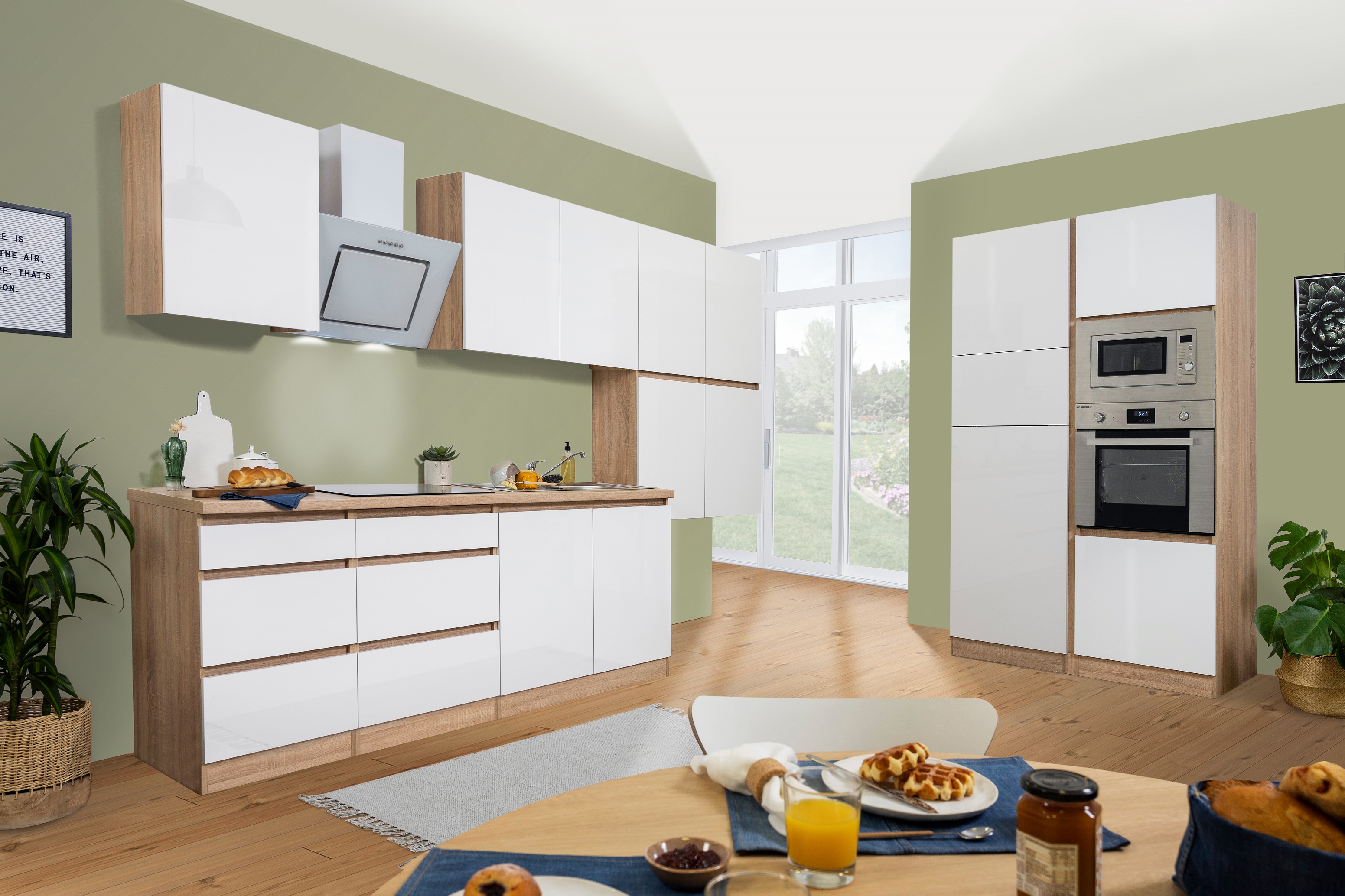 respekta Küche Küchenzeile Küchenblock grifflose Küche 435 cm Eiche Sonoma weiß