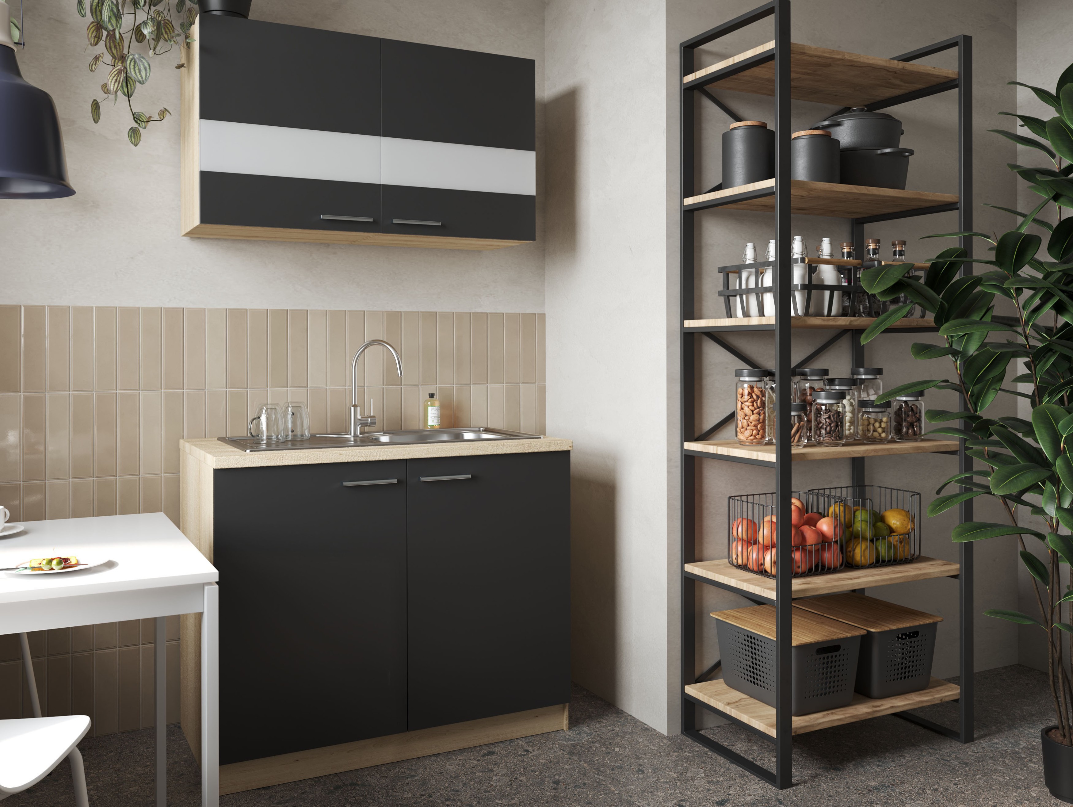 Spülenunterschrank Oberschrank Küche 100 cm Eiche Sägerau Schwarz Merle Respekta