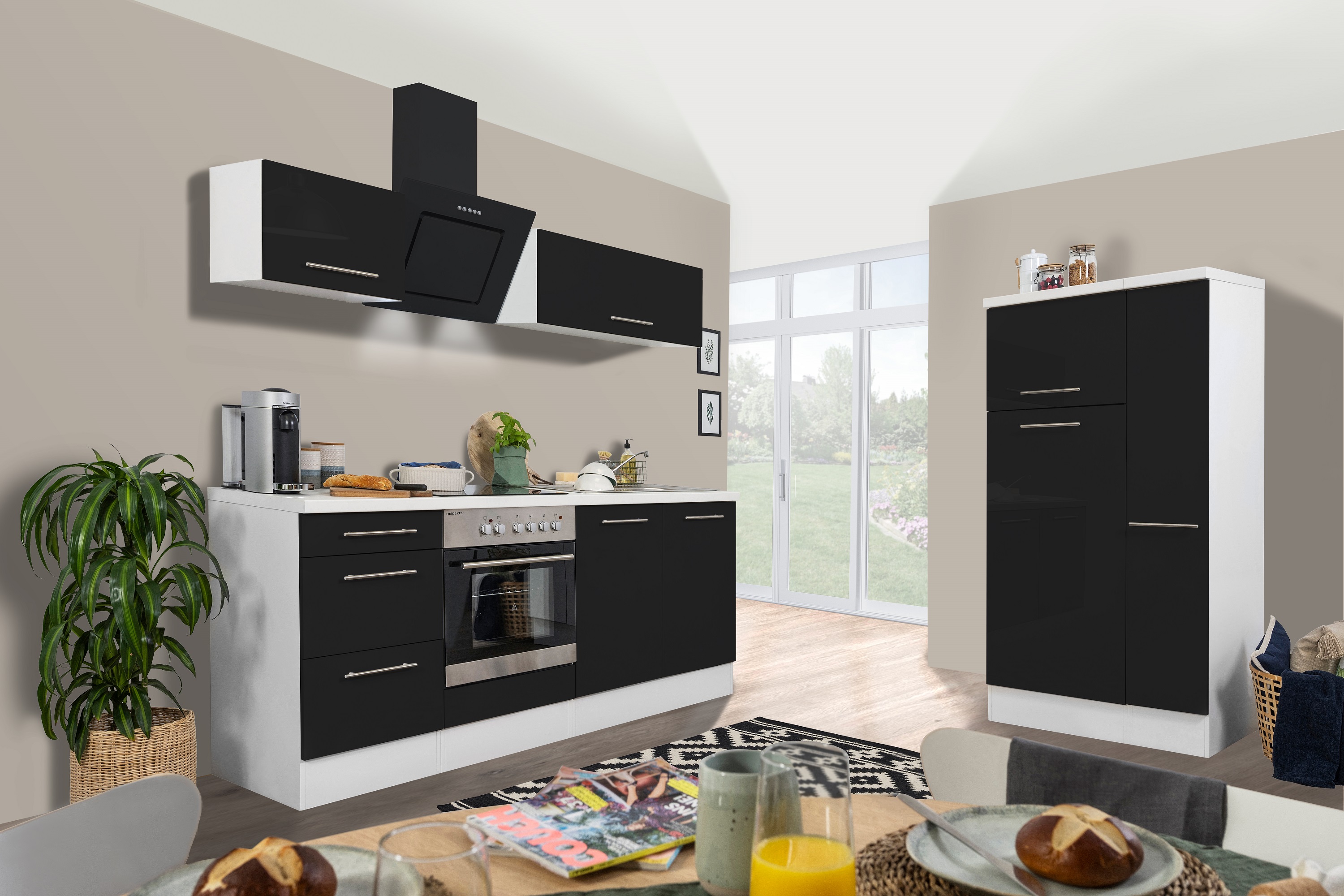 respekta Küchenzeile Küche Küchenblock Einbauküche Hochglanz 300 cm weiß schwarz