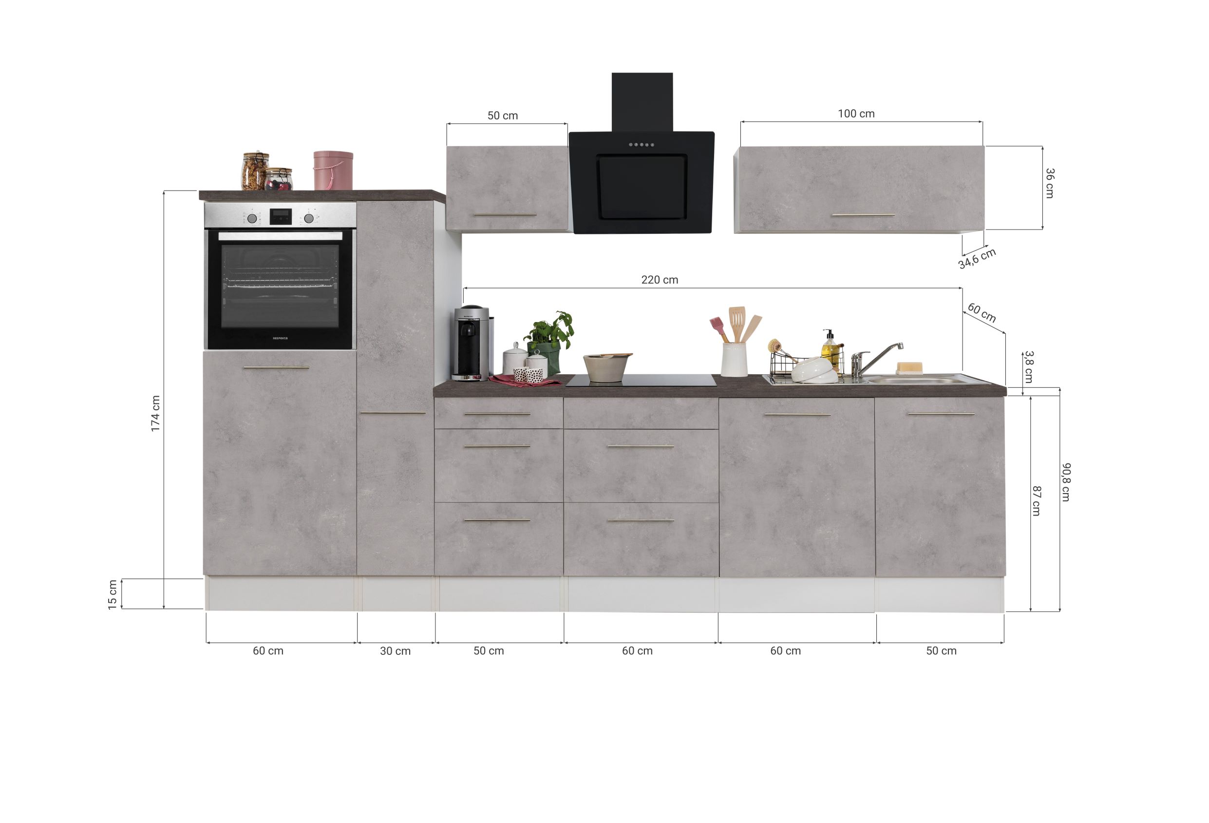 Küche Küchenzeile Küchenblock  Beton Amanda 310 cm Respekta Premium