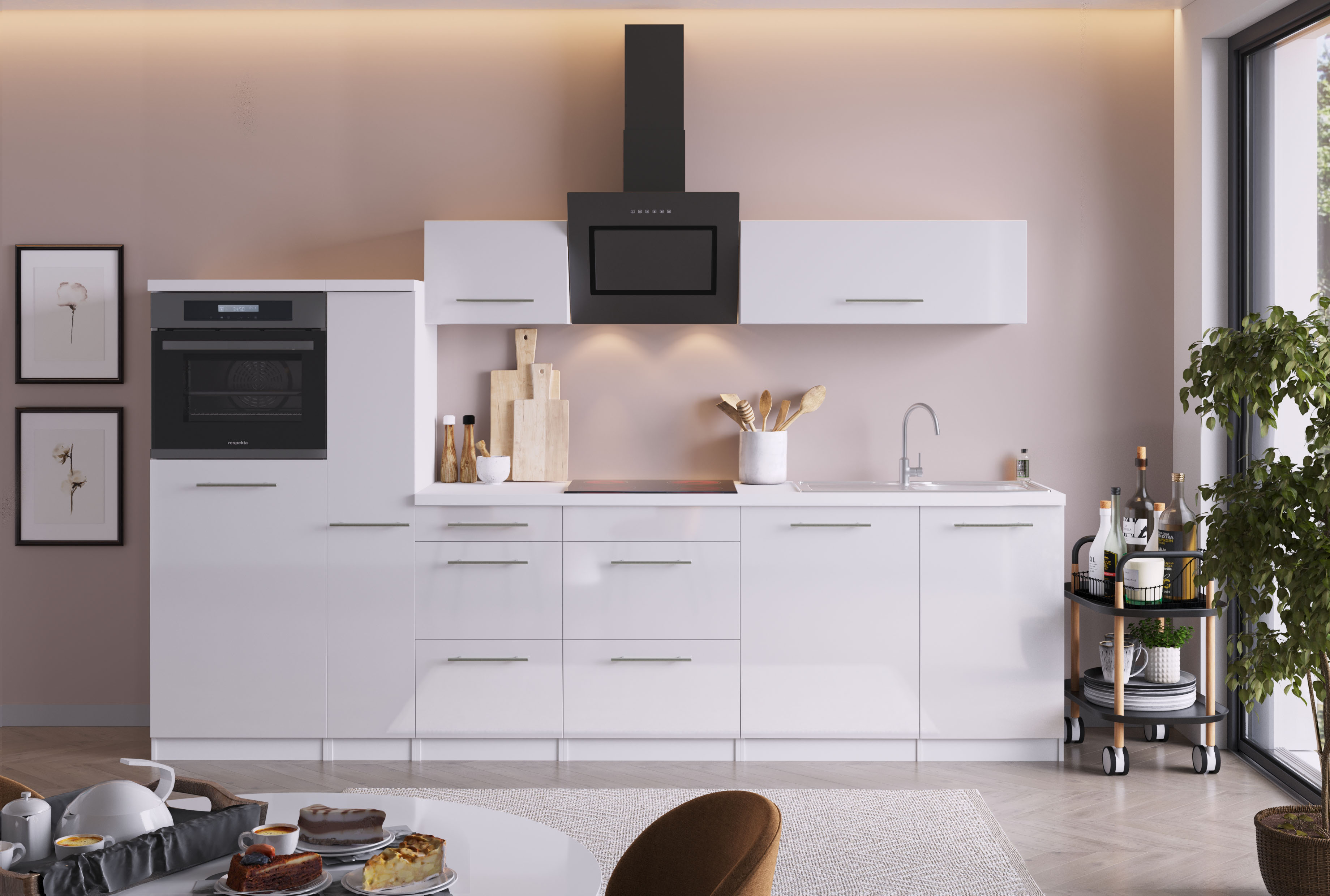 respekta Einbauküche Küchenblock Komplett Küchenzeile 310cm Küche Hochglanz weiß