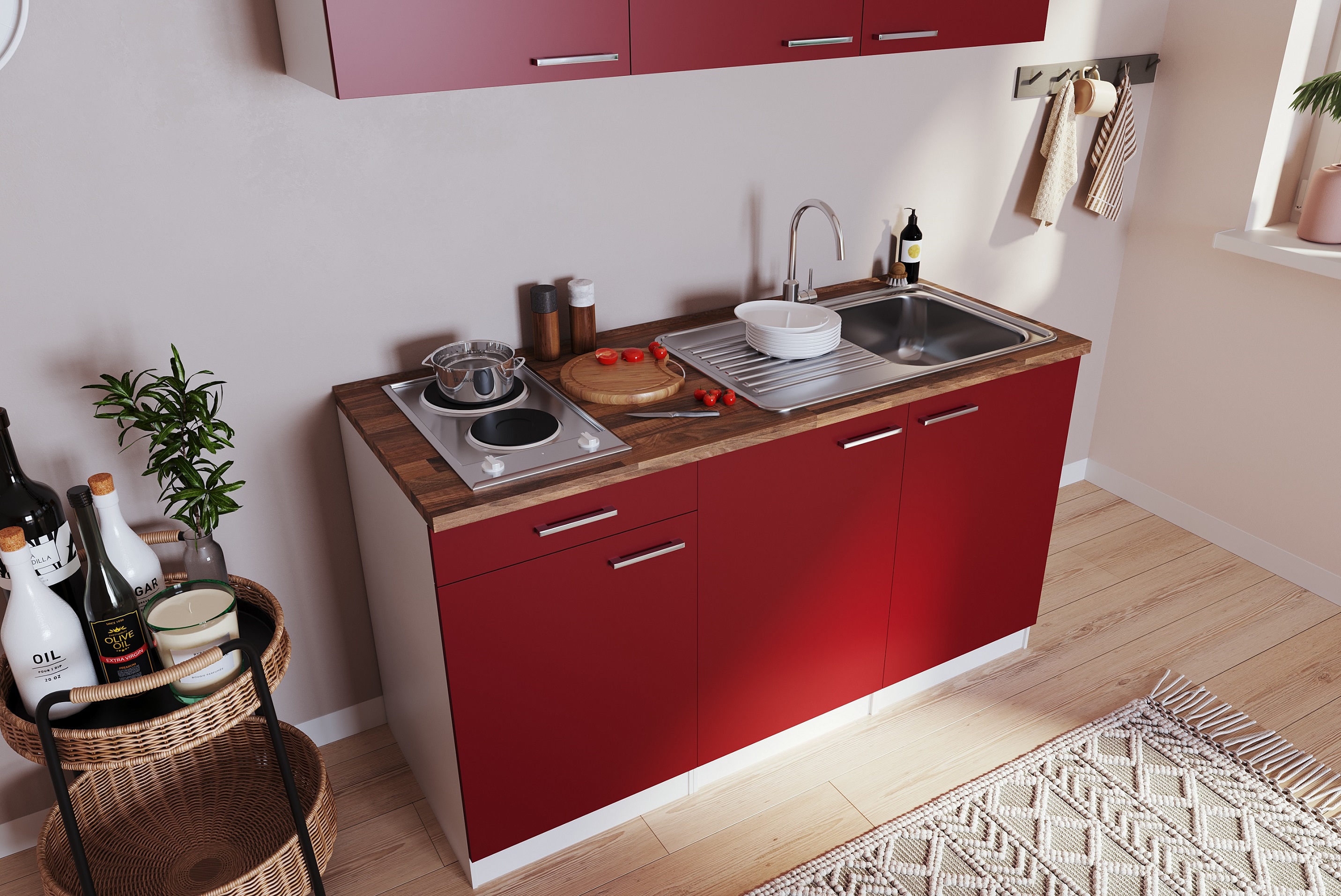 Küche Miniküche Singleküche Luis 150cm Einbau Weiß Rot ohne Kühlschrank Respekta