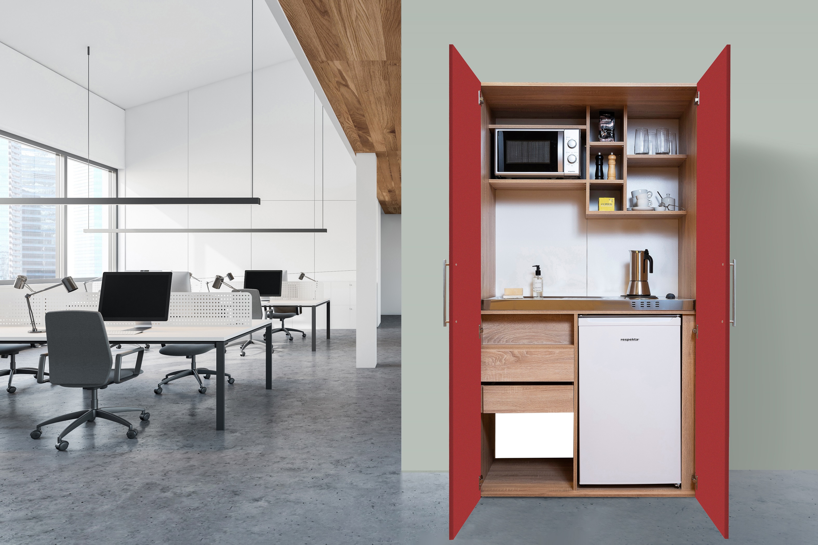Küche Büroküche Miniküche Singleküche Eiche Rot Peter 104 cm Respekta