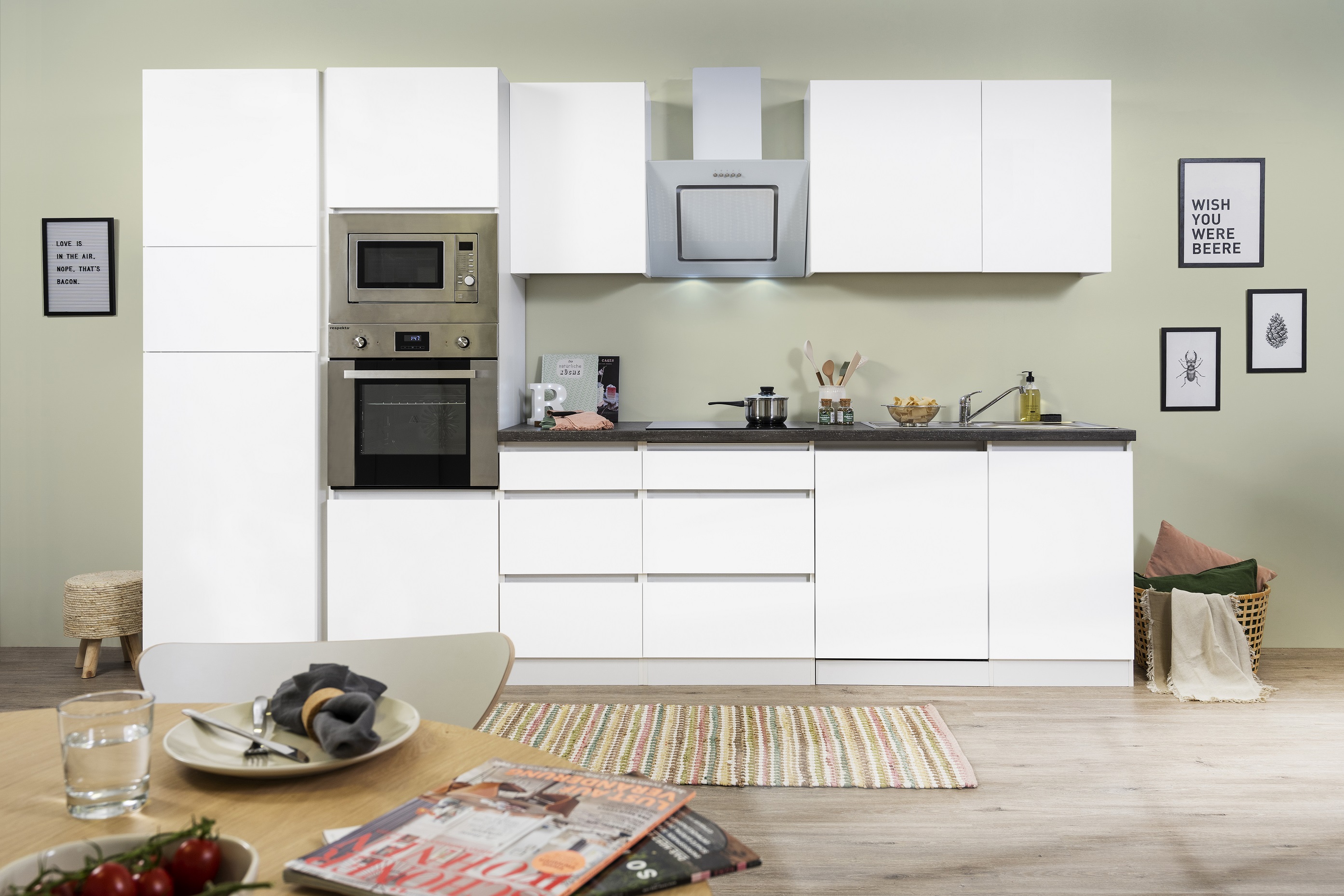 respekta Cuisine Kitchenette bloc de cuisine sans poignées Cuisine intégrée 345 cm blanc mat