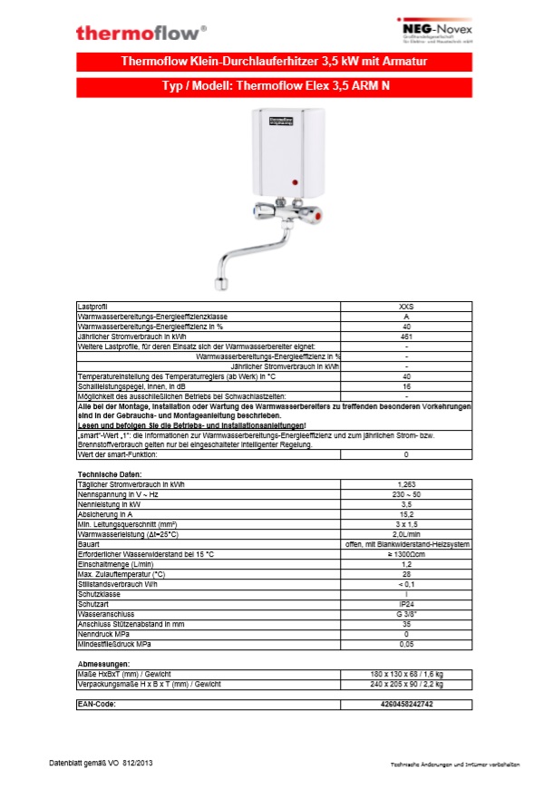 Thermoflow elektronischer klein Durchlauferhitzer 3,5 KW + Niederdruck Armatur
