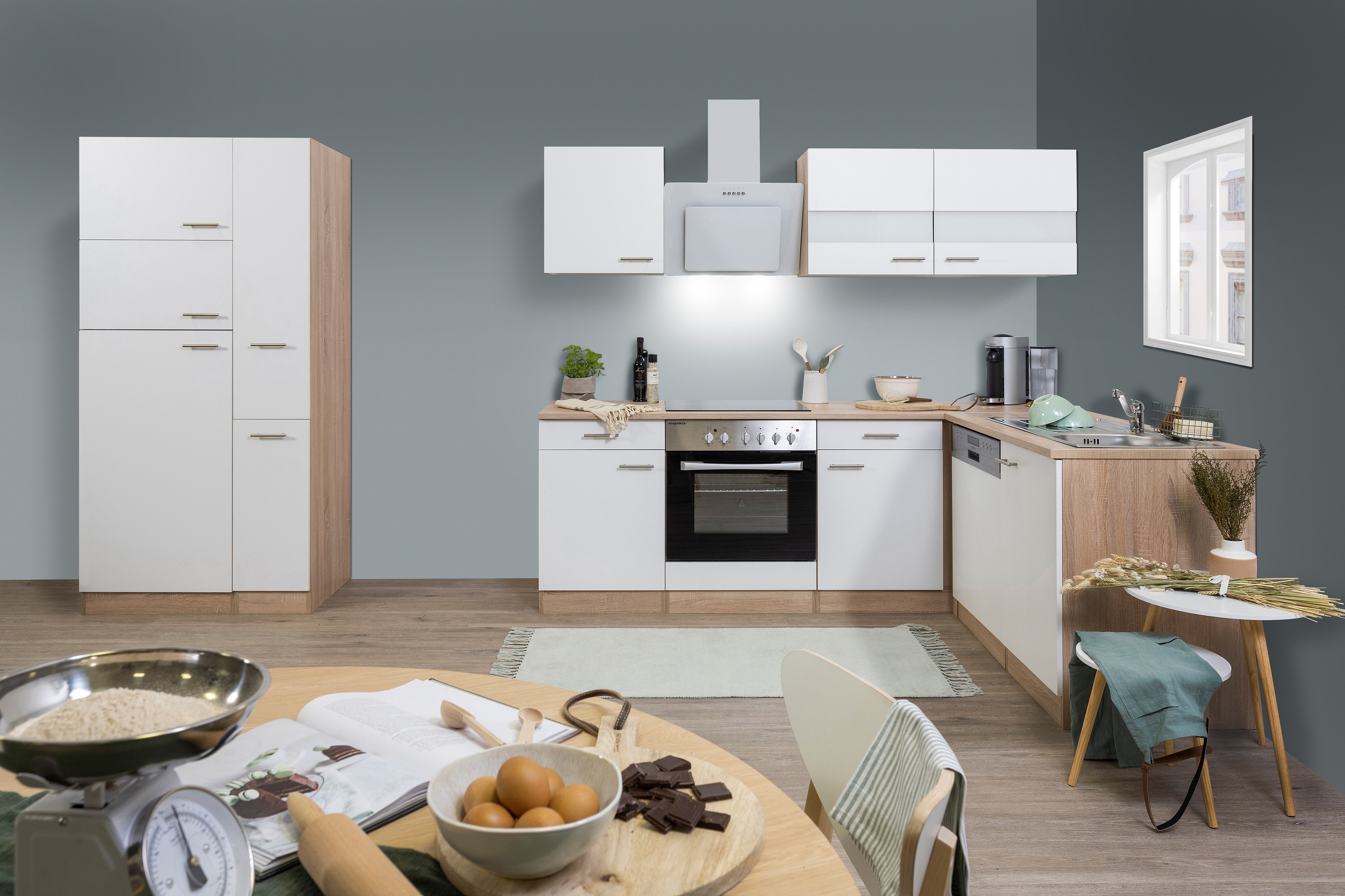 respekta Küchenzeile Küche Winkelküche L-Form Küche Eiche Sonoma weiß  310x172 cm