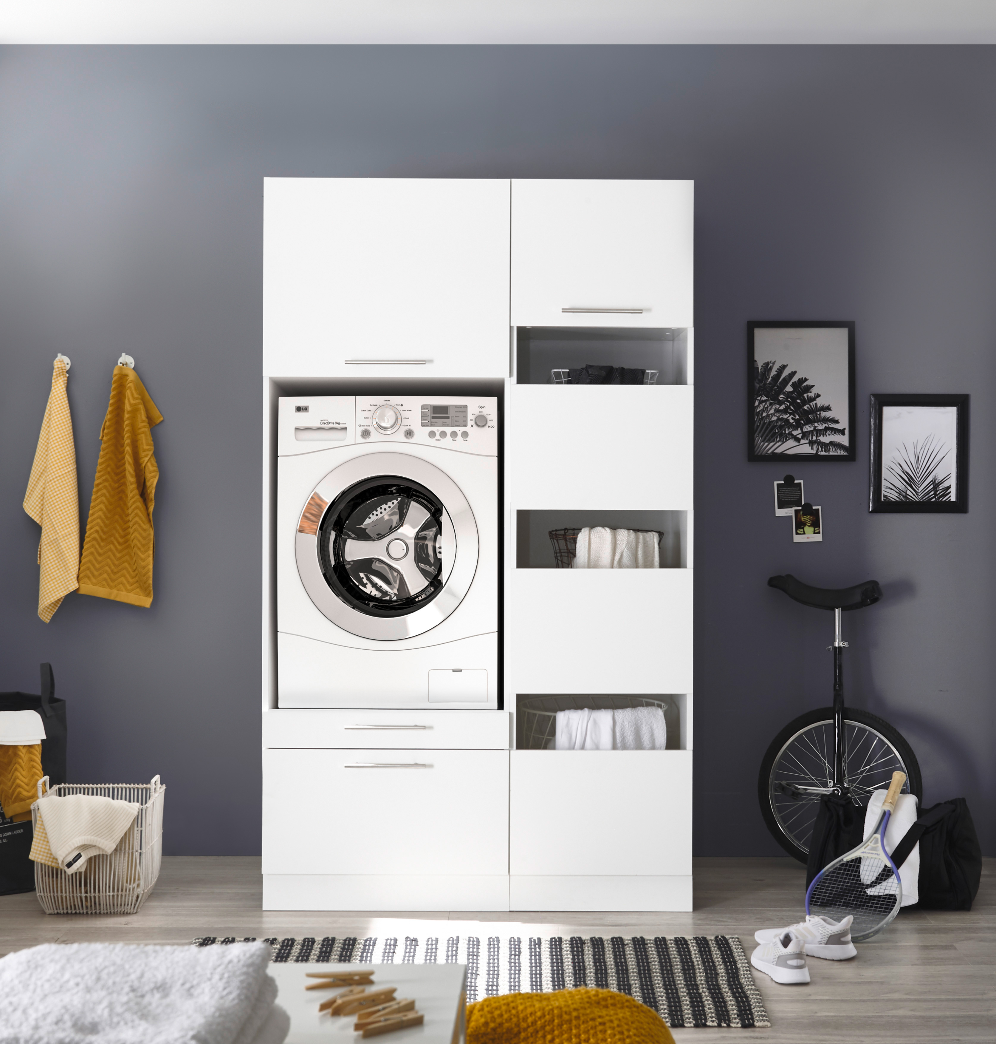 Waschmaschinenschrank Trockner Schrank Wäscheschrank 117 cm Weiß Clara Respekta