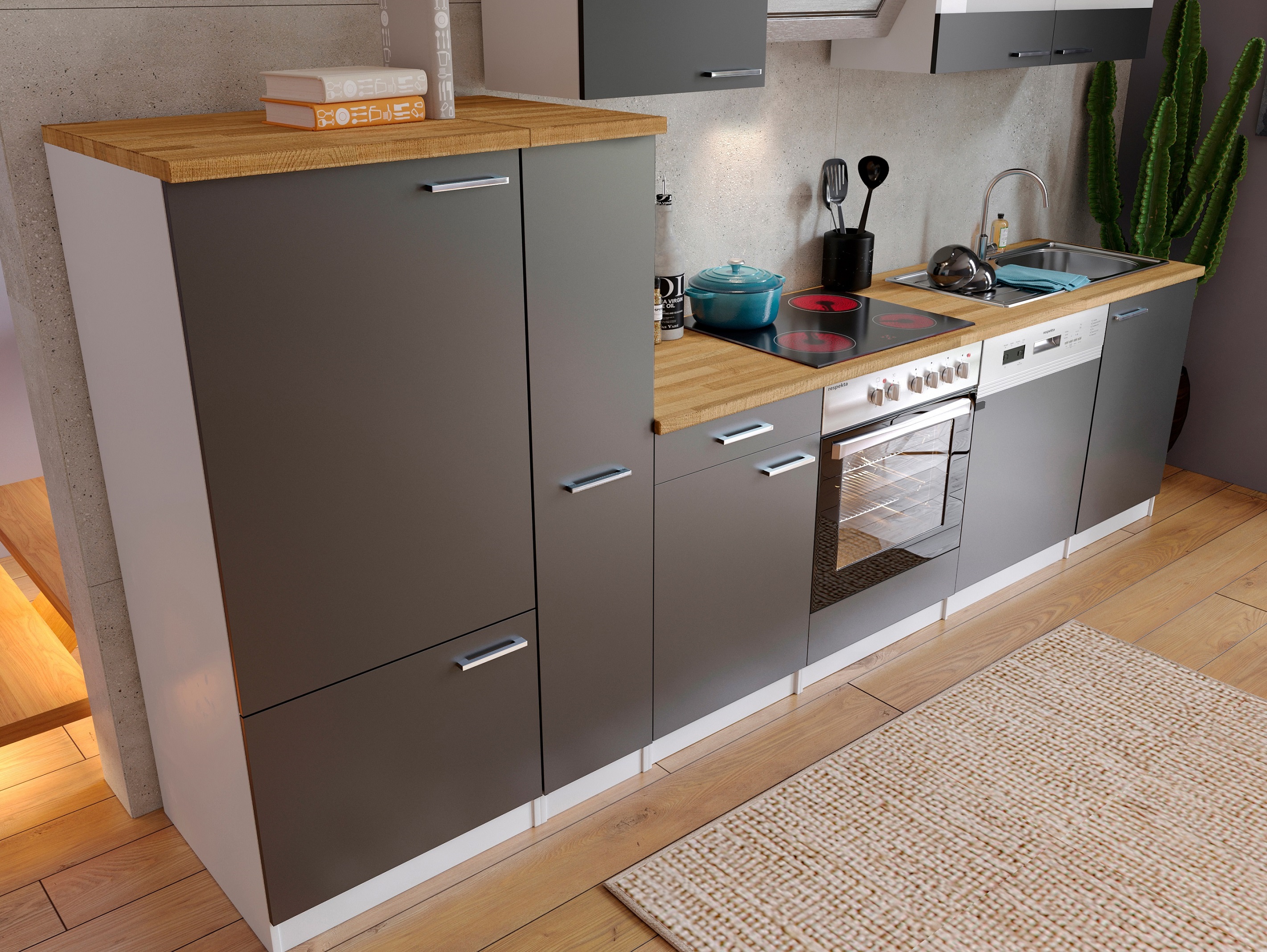 respekta Küche Küchenzeile Küchenblock Einbauküche 310 cm weiss Front grau