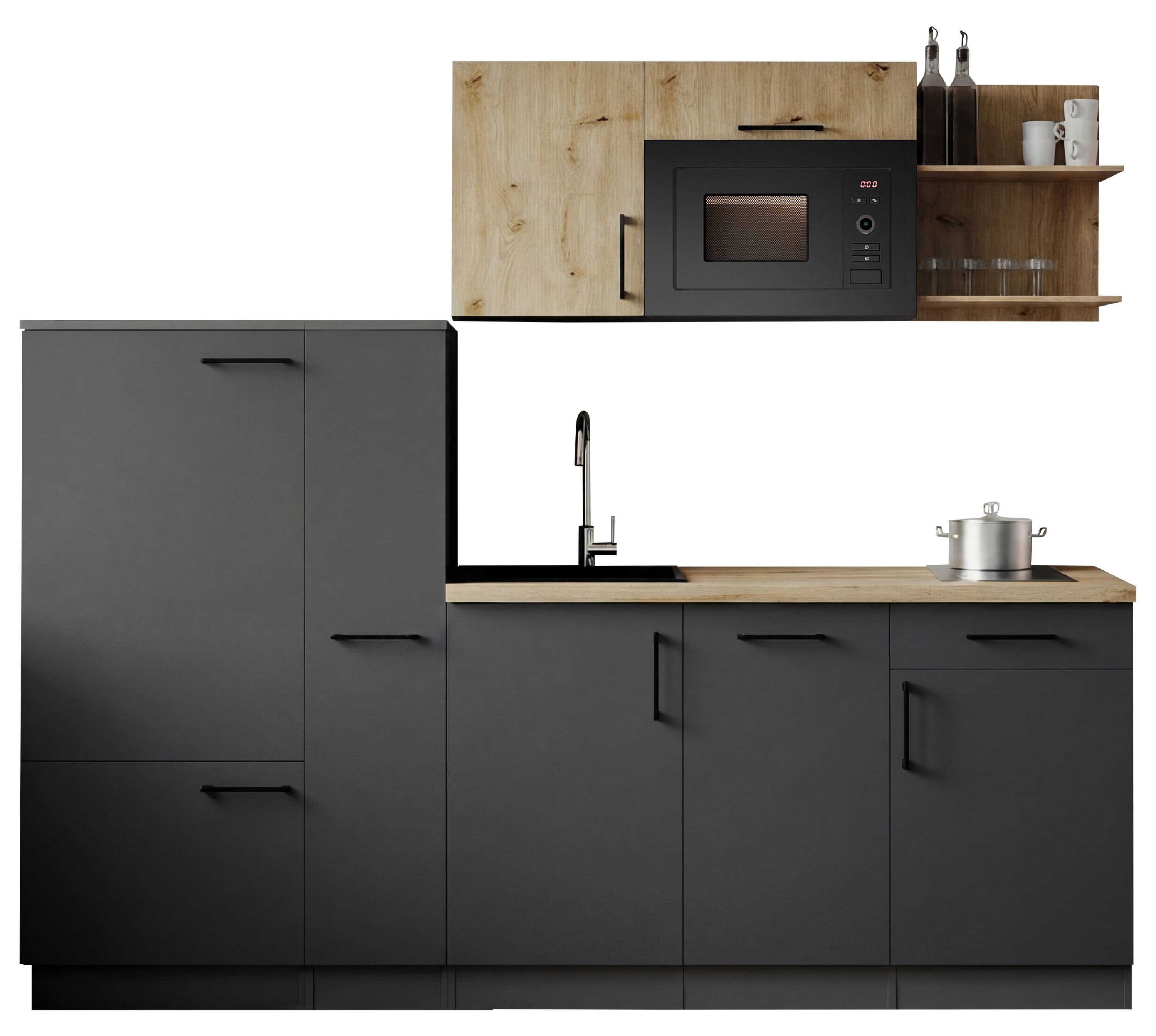 Respekta Küche Küchenzeile Oliver Singleküche 235 cm mit Fronten in – Grau Matt / Artisan Eiche Nachbildung