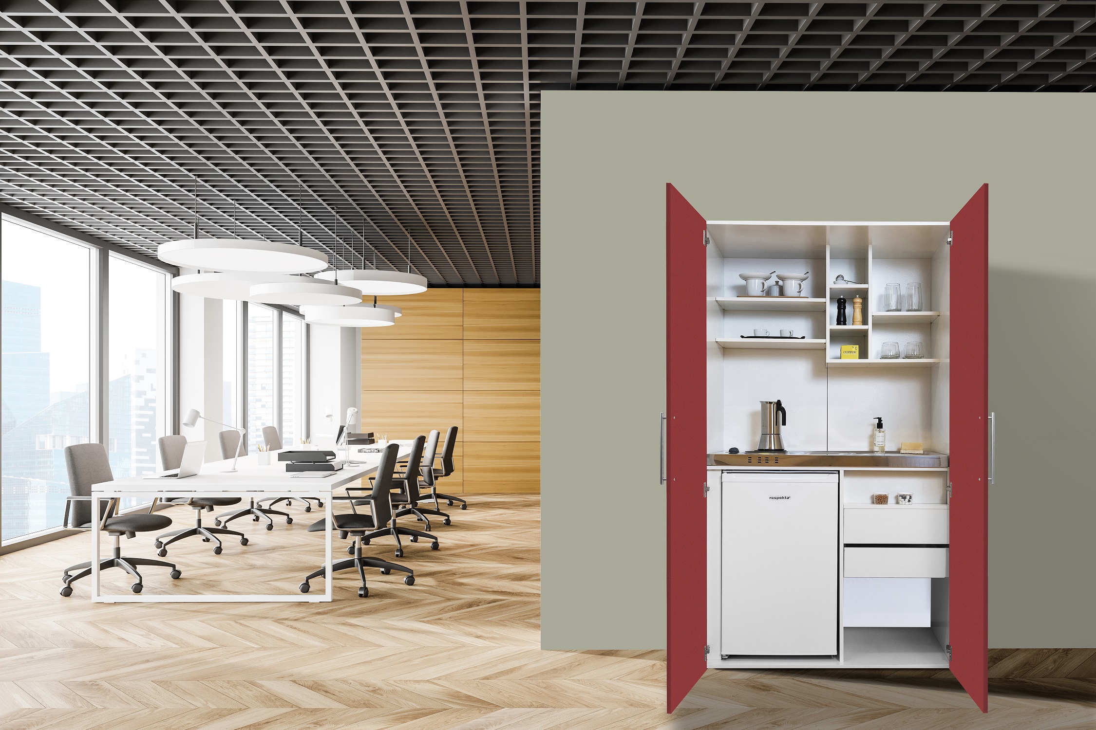 Küche Büroküche Miniküche Singleküche Weiß Rot Peter 104 cm Respekta