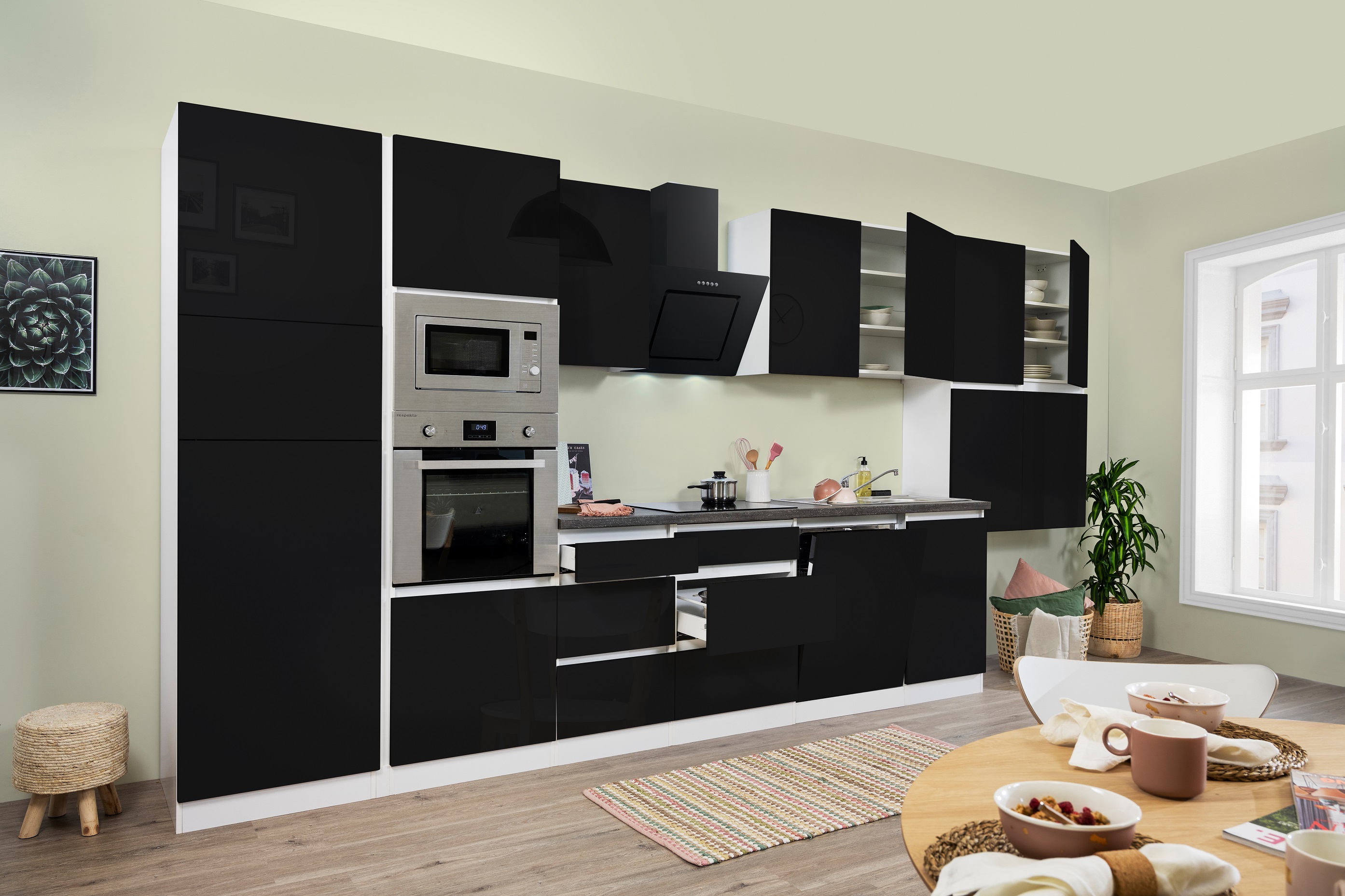 respekta Küchenzeile Küche Küchenblock grifflose Einbauküche 445 cm weiß schwarz