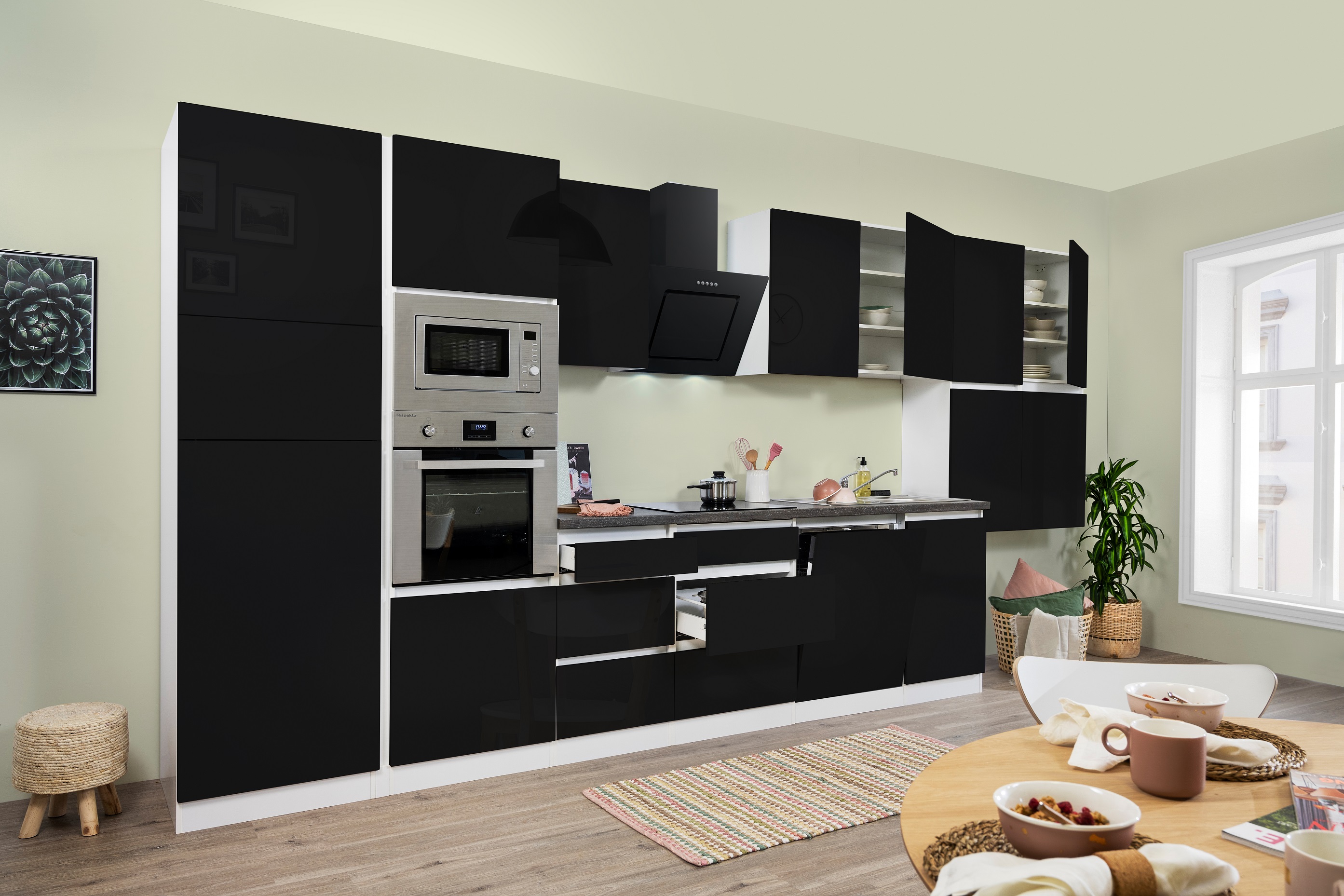 respekta Kitchenette Cuisine bloc de cuisine sans poignées Cuisine intégrée 445 cm blanc noir