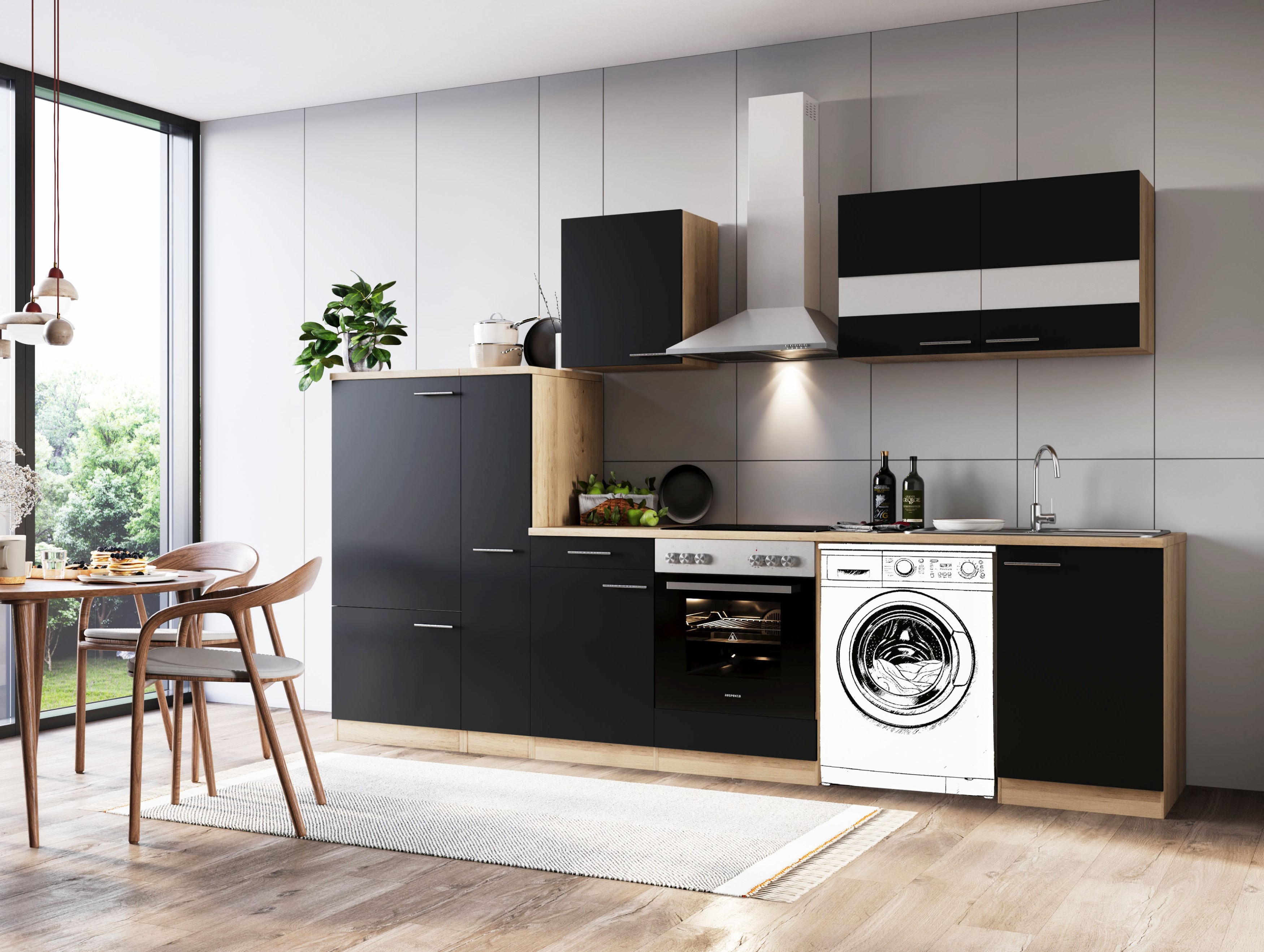 Küche Küchenzeile für Unterbau Waschmaschine Eiche Schwarz Merle 310 cm Respekta Küche Küchenzeile für Unterbau Waschmaschine Eiche Schwarz Merle 310 cm Respekta