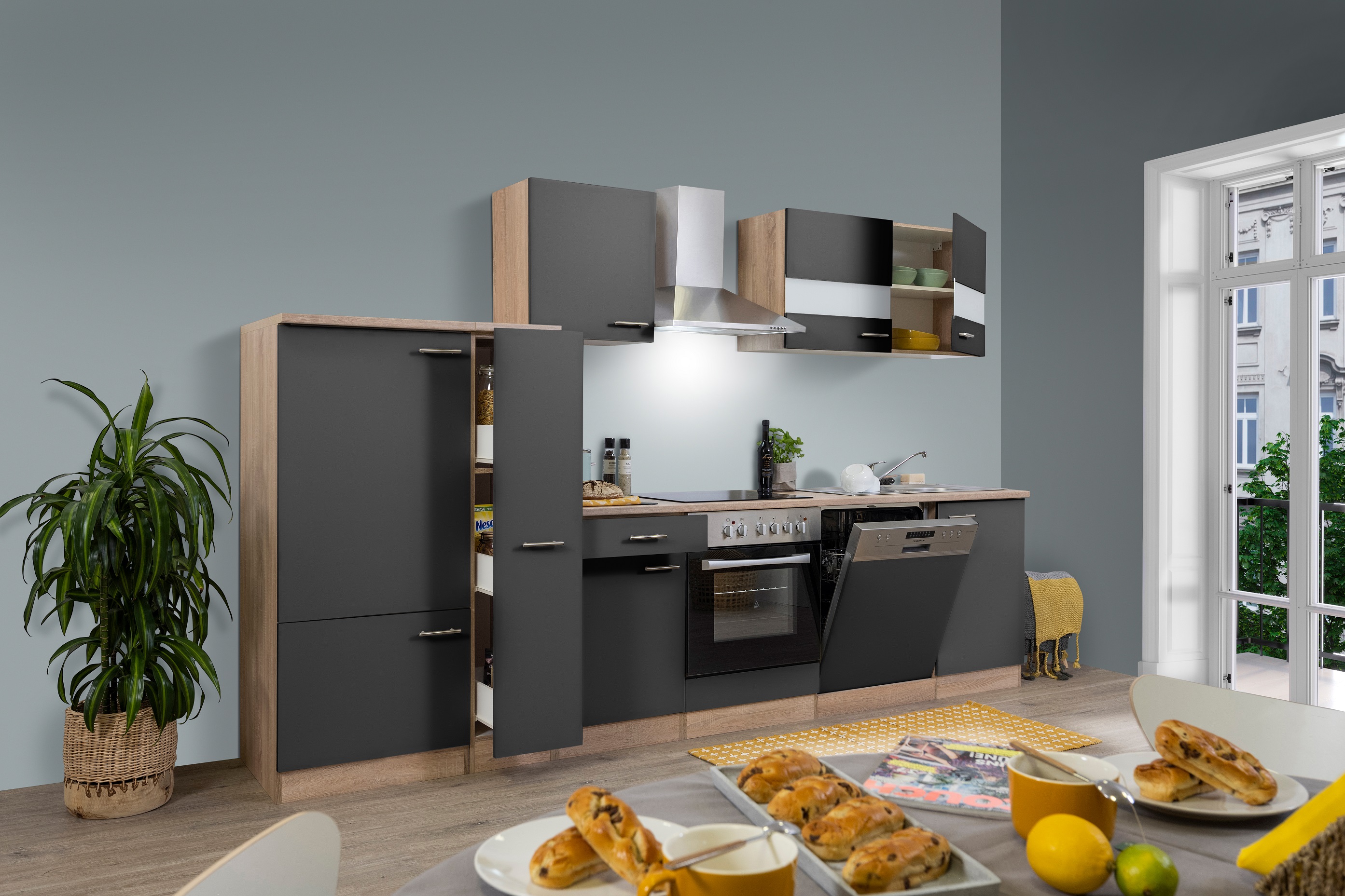 respekta Küchenzeile Küche Küchenblock Einbauküche 310 cm Eiche grau  Komplett