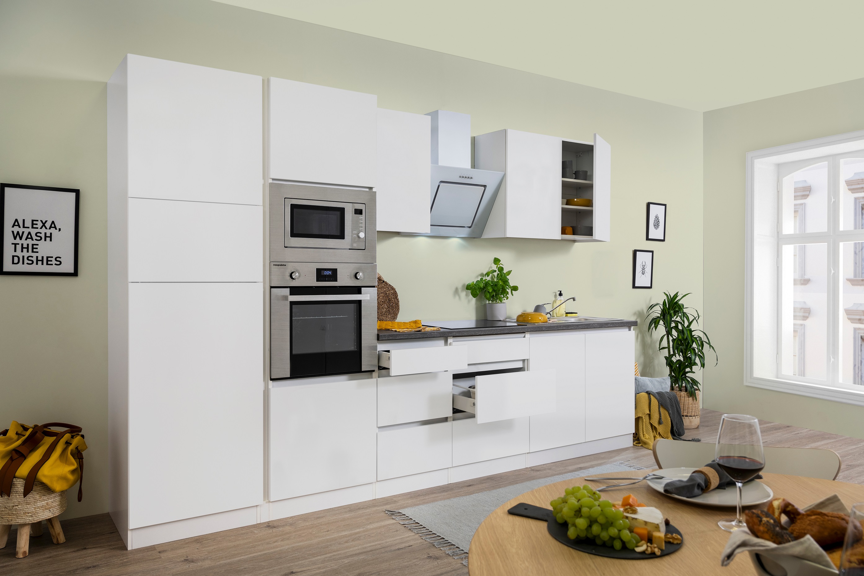 respekta Küche Küchenzeile Küchenblock grifflose Einbauküche 335 cm weiß Matt